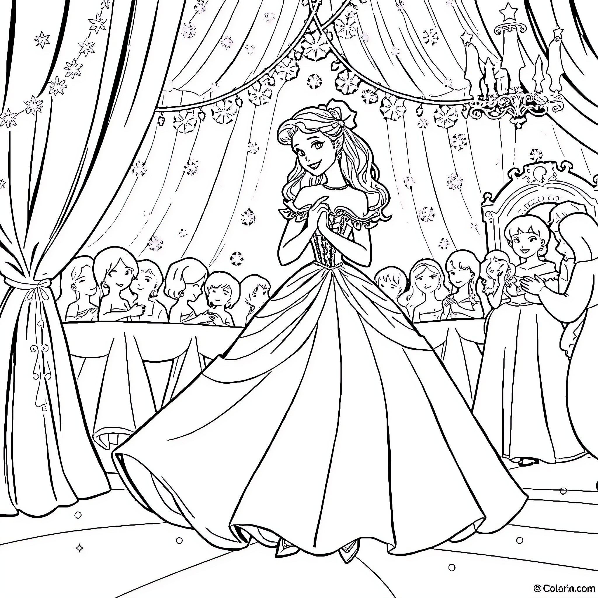 Cinderella's Enchanting Ball Gown and Celebration Coloring Page (free black-and-white line drawing printable PDF for all, from beginners to advanced learners, including children, teens, adults, and seniors)