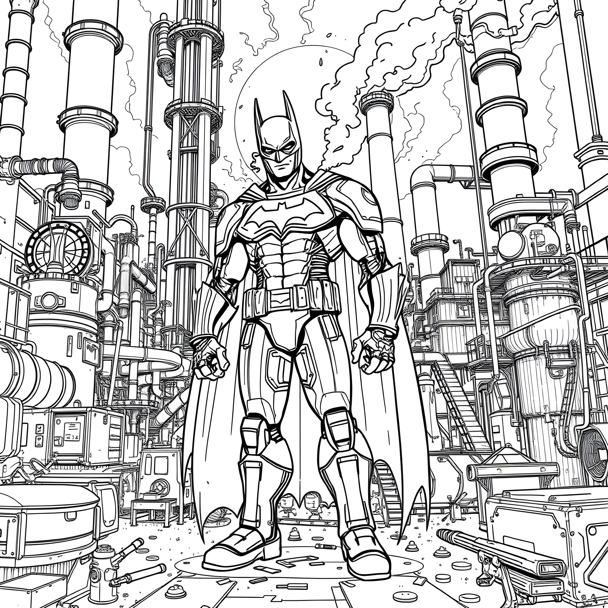 Cyborg Batman Battles Foes in Futuristic Cityscape Coloring Page (free black-and-white line drawing printable PDF for all, from beginners to advanced learners, including children, teens, adults, and seniors)
