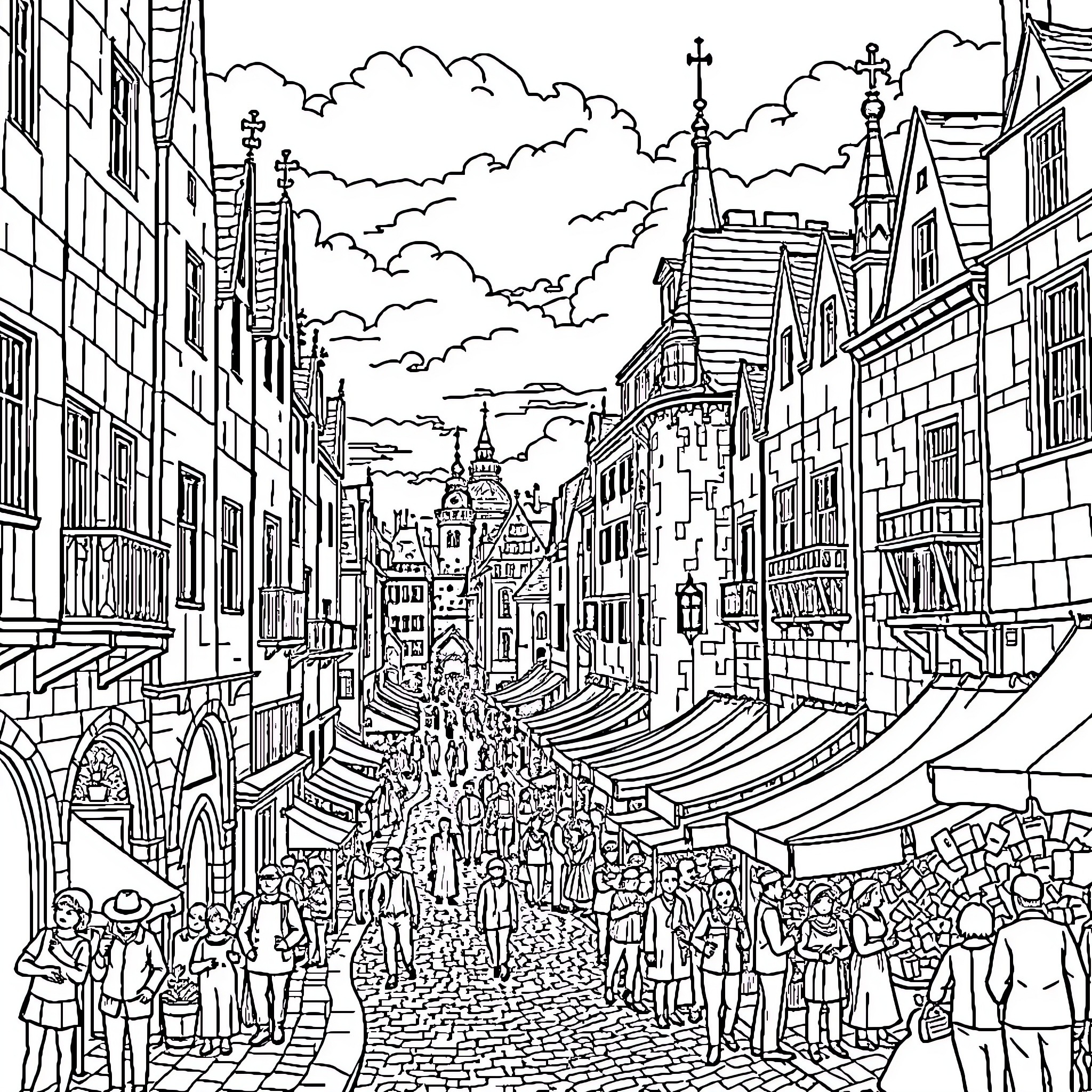 City street bustling with people, buildings, and architecture Coloring Page (free black-and-white line drawing printable PDF for all, from beginners to advanced learners, including children, teens, adults, and seniors)