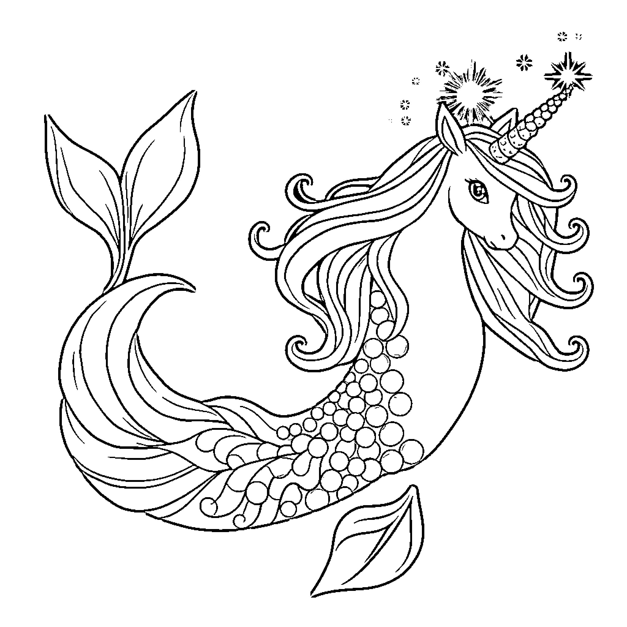 Mermaid Unicorn with magical sparkles Coloring Page (free black-and-white line drawing printable PDF for all, from beginners to advanced learners, including children, teens, adults, and seniors)