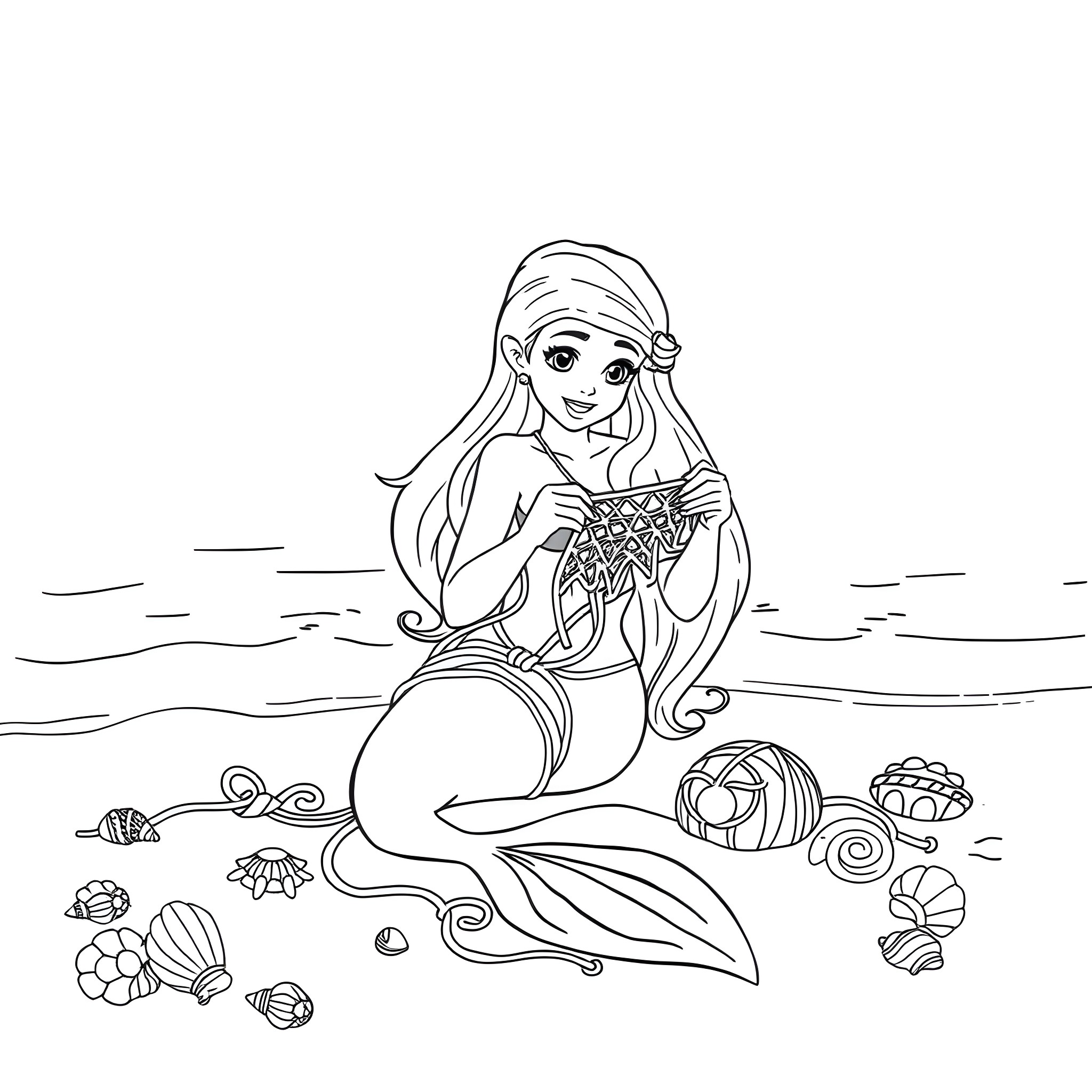 Ariel admiring a beautiful seashell by the ocean Coloring Page (free black-and-white line drawing printable PDF for all, from beginners to advanced learners, including children, teens, adults, and seniors)