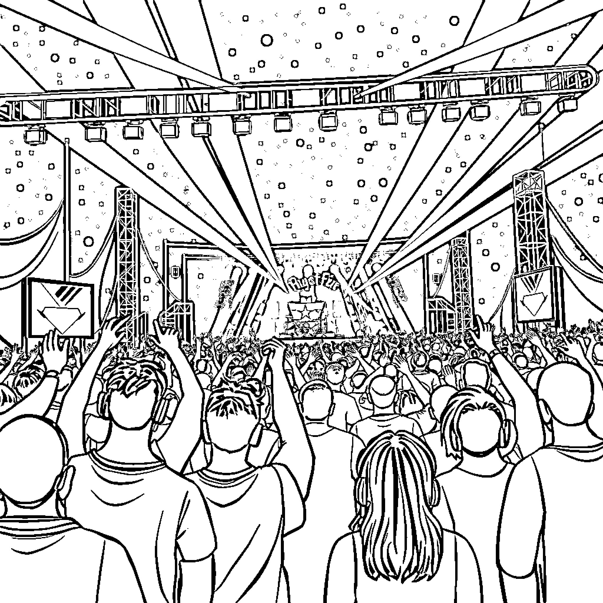 Image of a large crowd at an event or concert Coloring Page (free black-and-white line drawing printable PDF for all, from beginners to advanced learners, including children, teens, adults, and seniors)