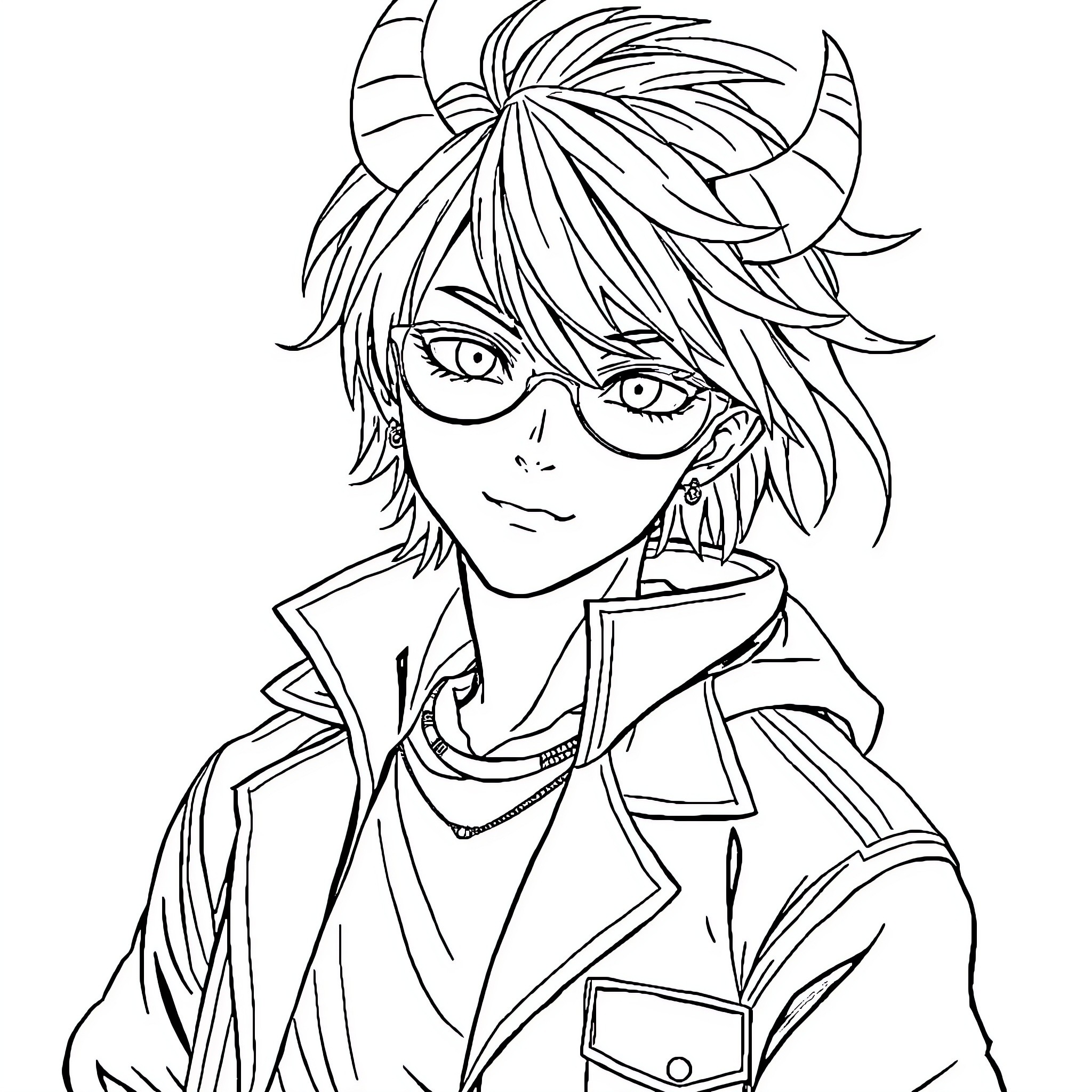 K-POP Demon Hunter with Horns and Intense Gaze Coloring Page (free black-and-white line drawing printable PDF for all, from beginners to advanced learners, including children, teens, adults, and seniors)