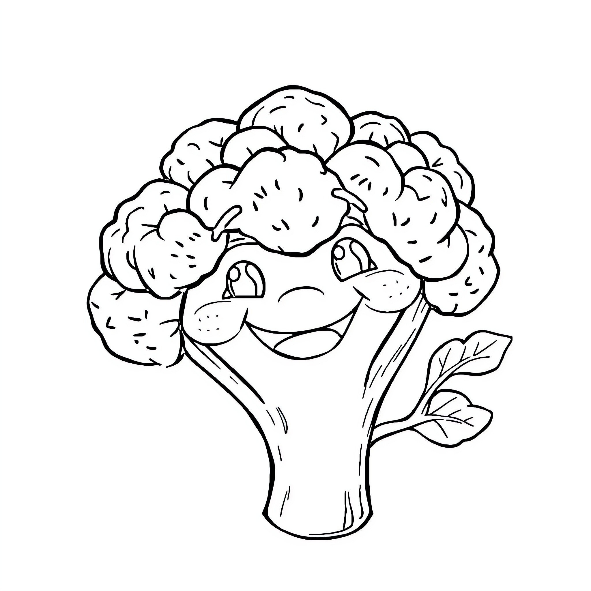 Broccoli character expressing happiness Coloring Page (free black-and-white line drawing printable PDF for all, from beginners to advanced learners, including children, teens, adults, and seniors)