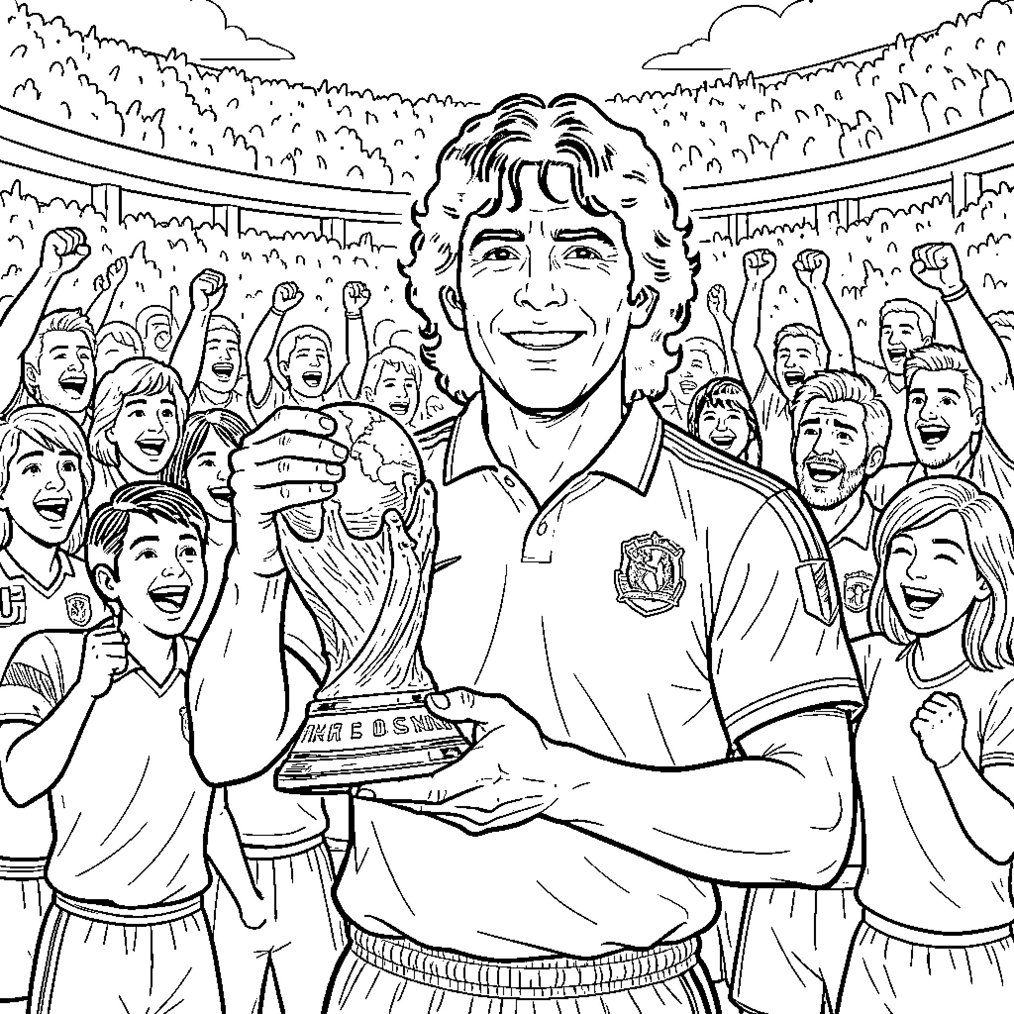 Maradona smiling while holding a trophy amidst cheering fans Coloring Page (free black-and-white line drawing printable PDF for all, from beginners to advanced learners, including children, teens, adults, and seniors)