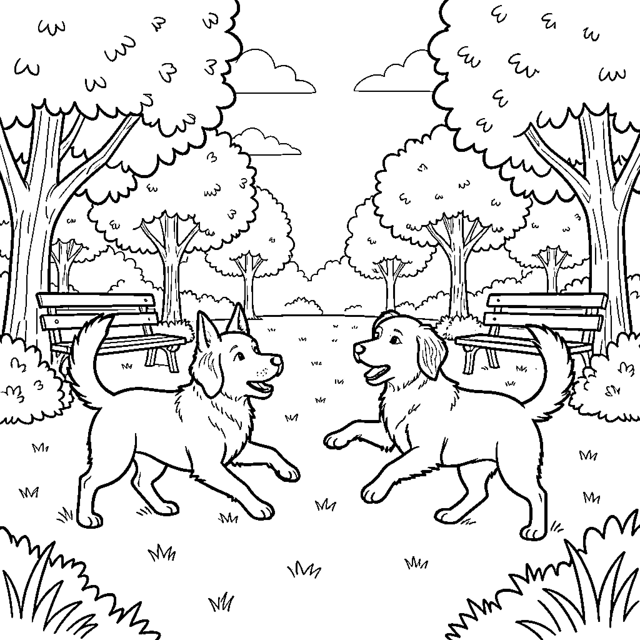 Dog playing happily together in a park Coloring Page (free black-and-white line drawing printable PDF for all, from beginners to advanced learners, including children, teens, adults, and seniors)