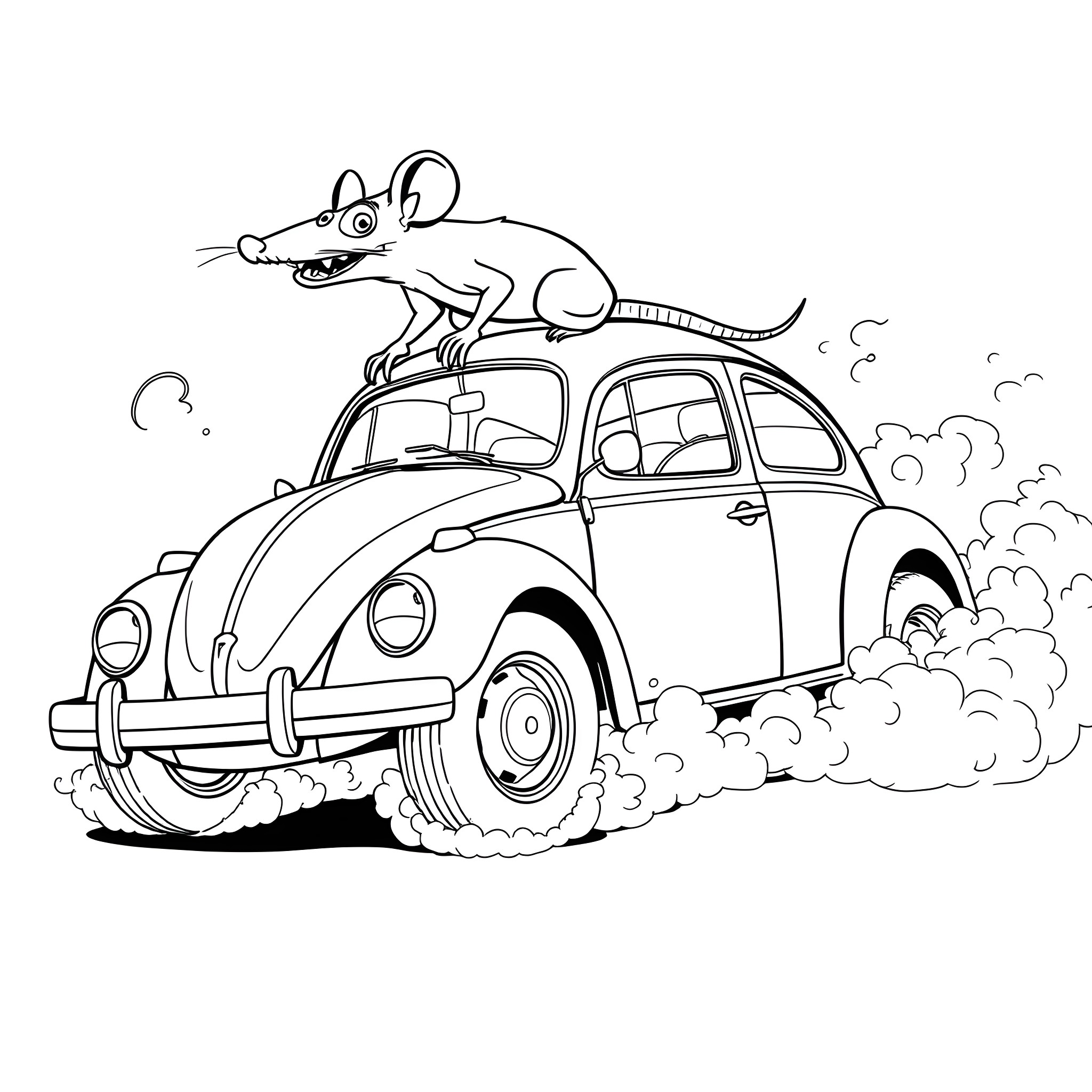 Rat Fink's Crazy Ride in a Vintage Car Coloring Page (free black-and-white line drawing printable PDF for all, from beginners to advanced learners, including children, teens, adults, and seniors)