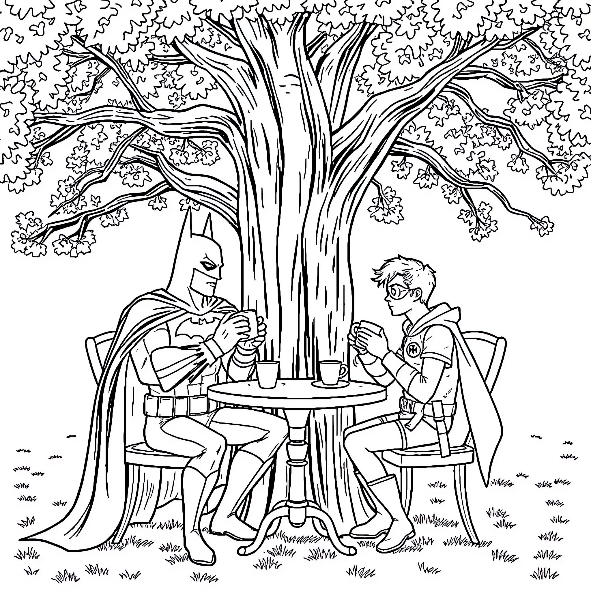 Batman and Robin Enjoying a Picnic Under the Tree Coloring Page (free black-and-white line drawing printable PDF for all, from beginners to advanced learners, including children, teens, adults, and seniors)