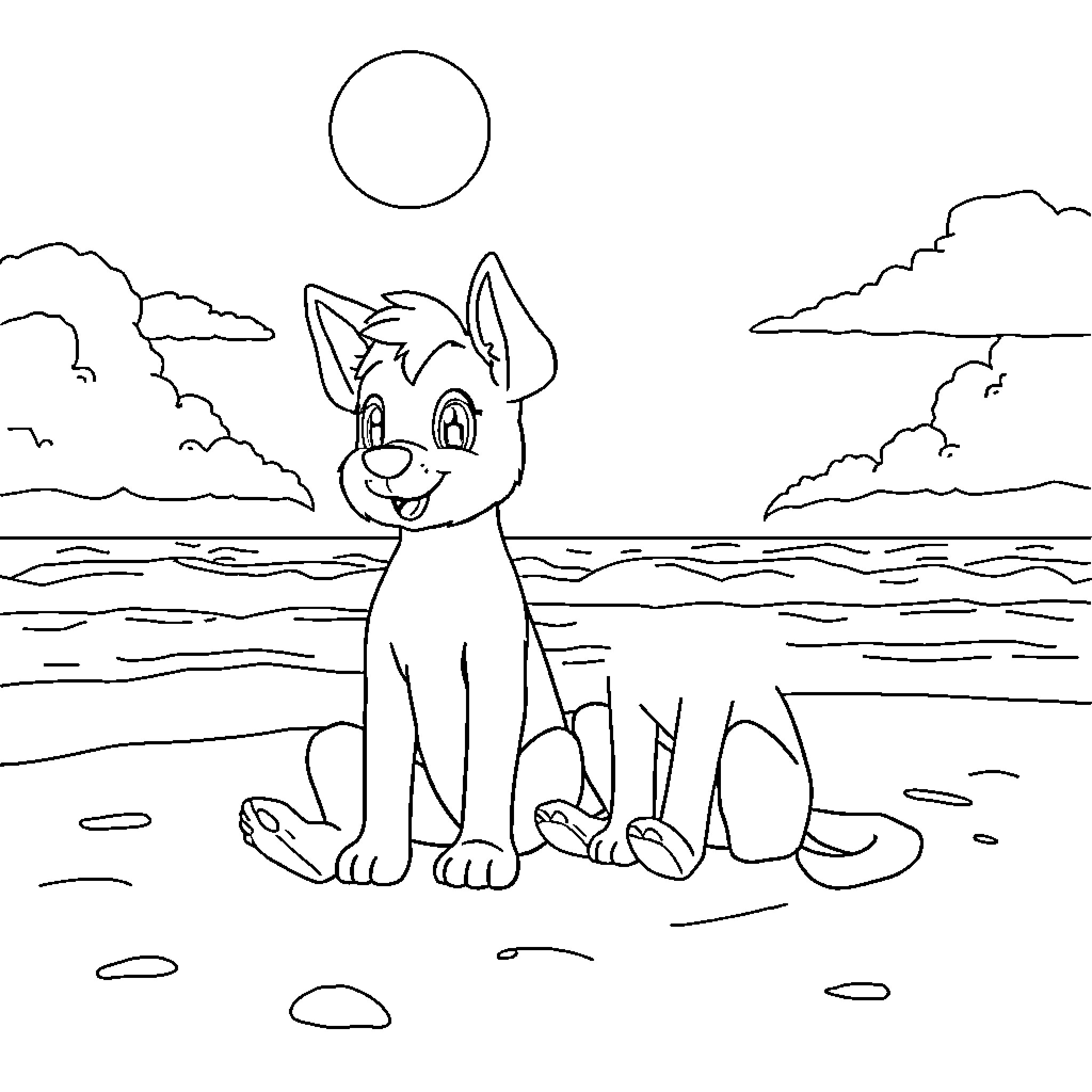 Blury Creature enjoying the Seaside Scene Coloring Page (free black-and-white line drawing printable PDF for all, from beginners to advanced learners, including children, teens, adults, and seniors)