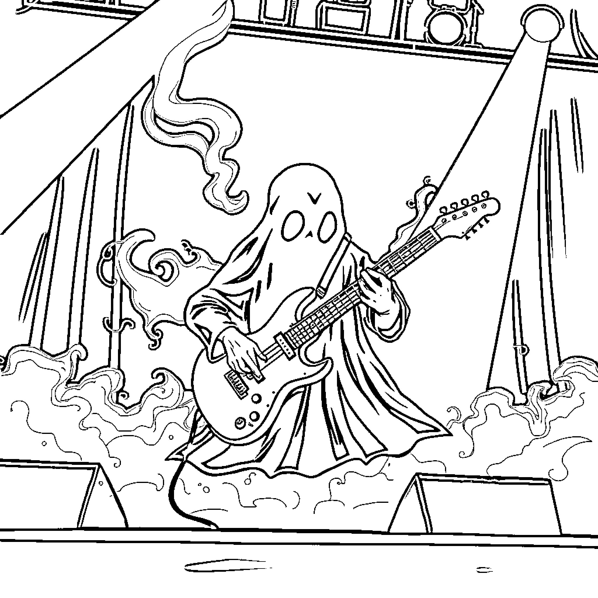 Ghost Musician Performing on Stage Coloring Page (free black-and-white line drawing printable PDF for all, from beginners to advanced learners, including children, teens, adults, and seniors)