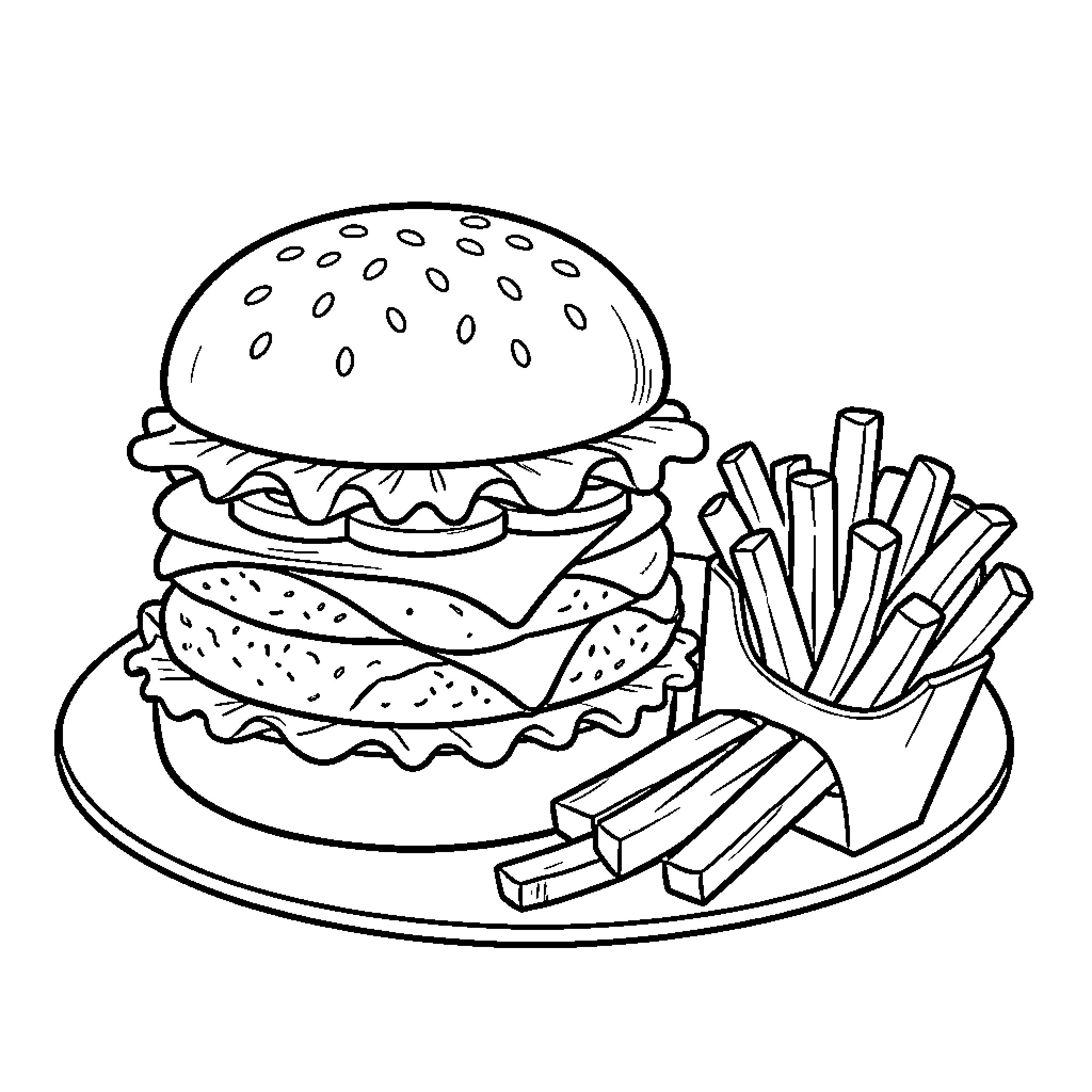 Hamburger and french fries served on a plate Coloring Page (free black-and-white line drawing printable PDF for all, from beginners to advanced learners, including children, teens, adults, and seniors)