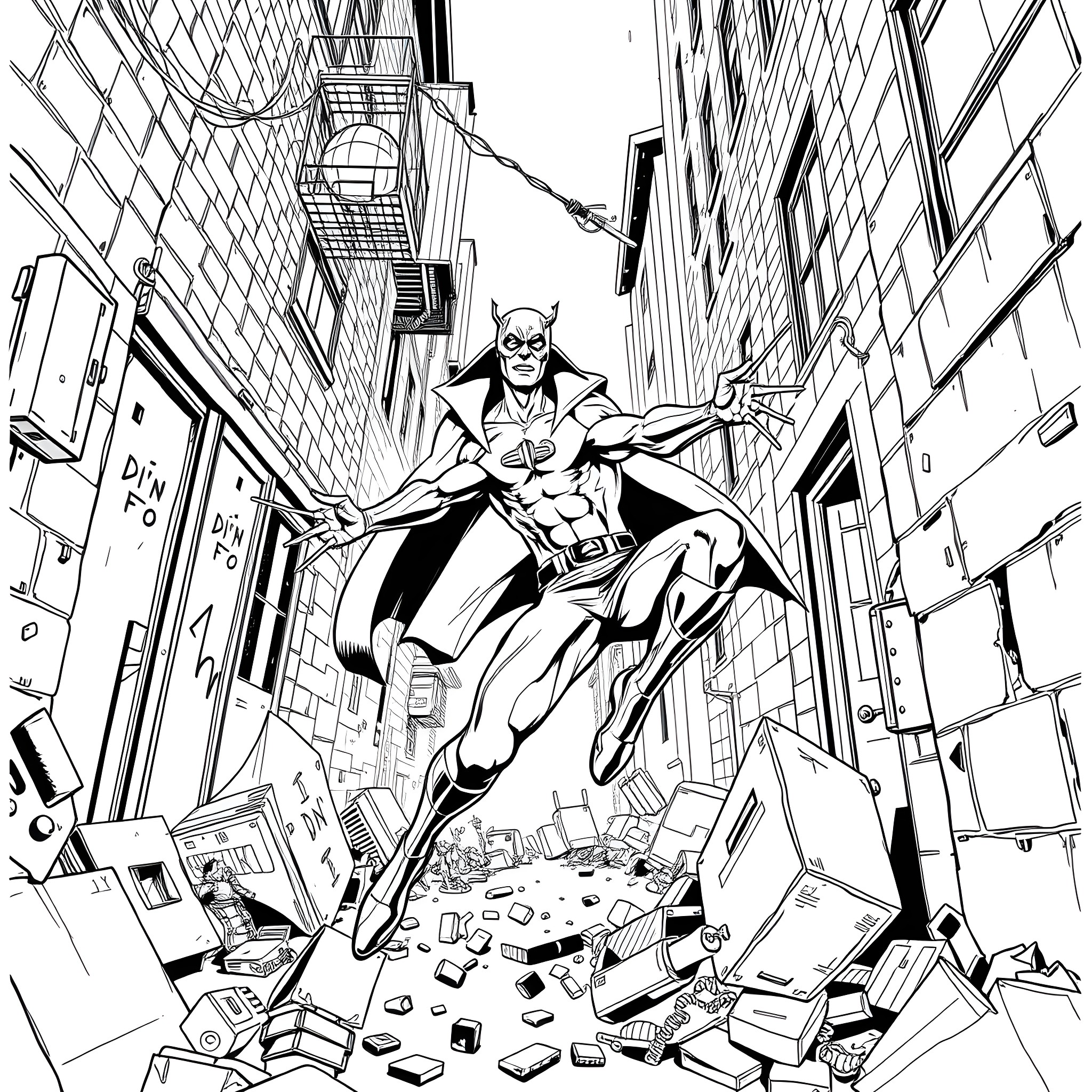 Daredevil leaps through the city streets Coloring Page (free black-and-white line drawing printable PDF for all, from beginners to advanced learners, including children, teens, adults, and seniors)