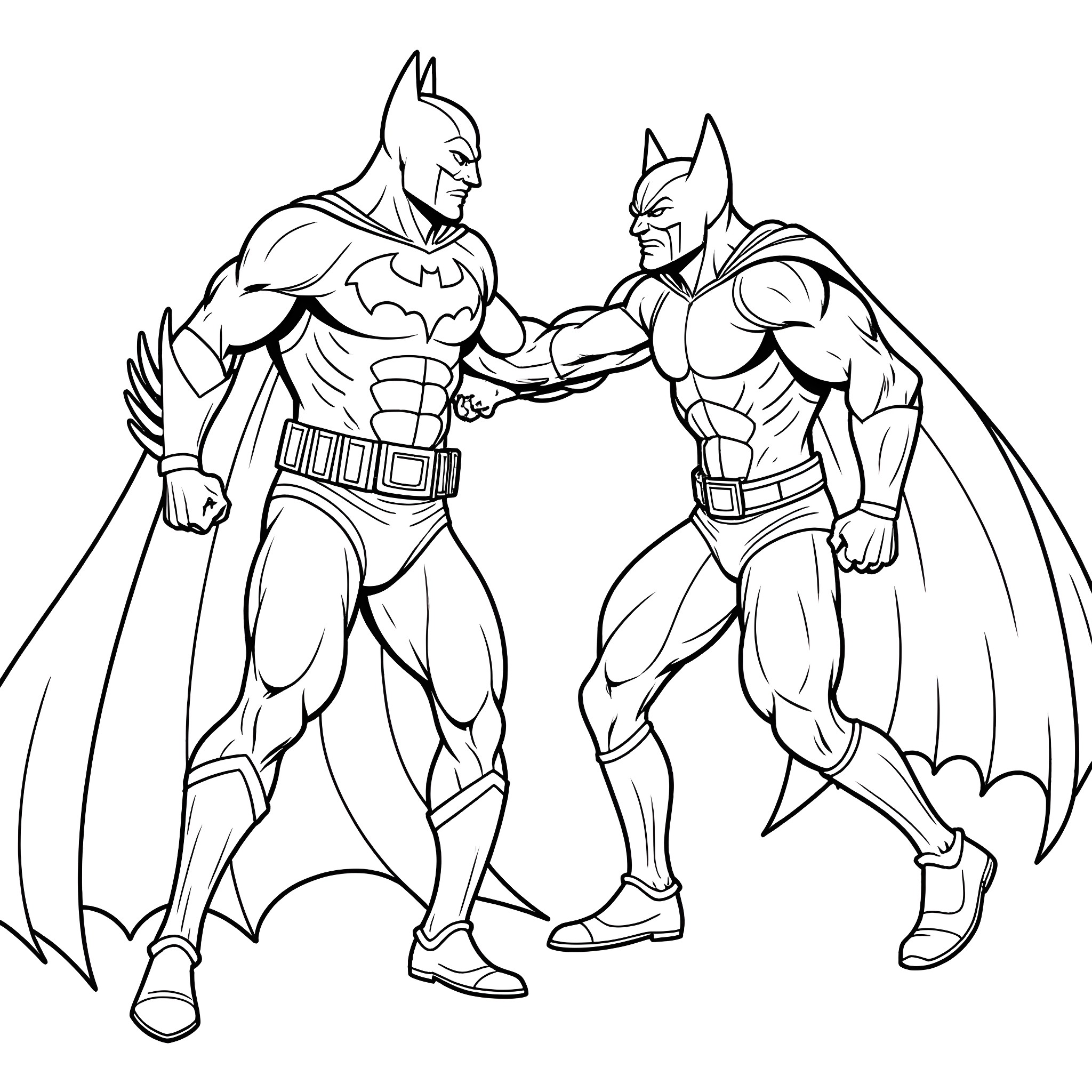 Batman and his Sidekick Engaged in a Heroic Standoff Coloring Page (free black-and-white line drawing printable PDF for all, from beginners to advanced learners, including children, teens, adults, and seniors)
