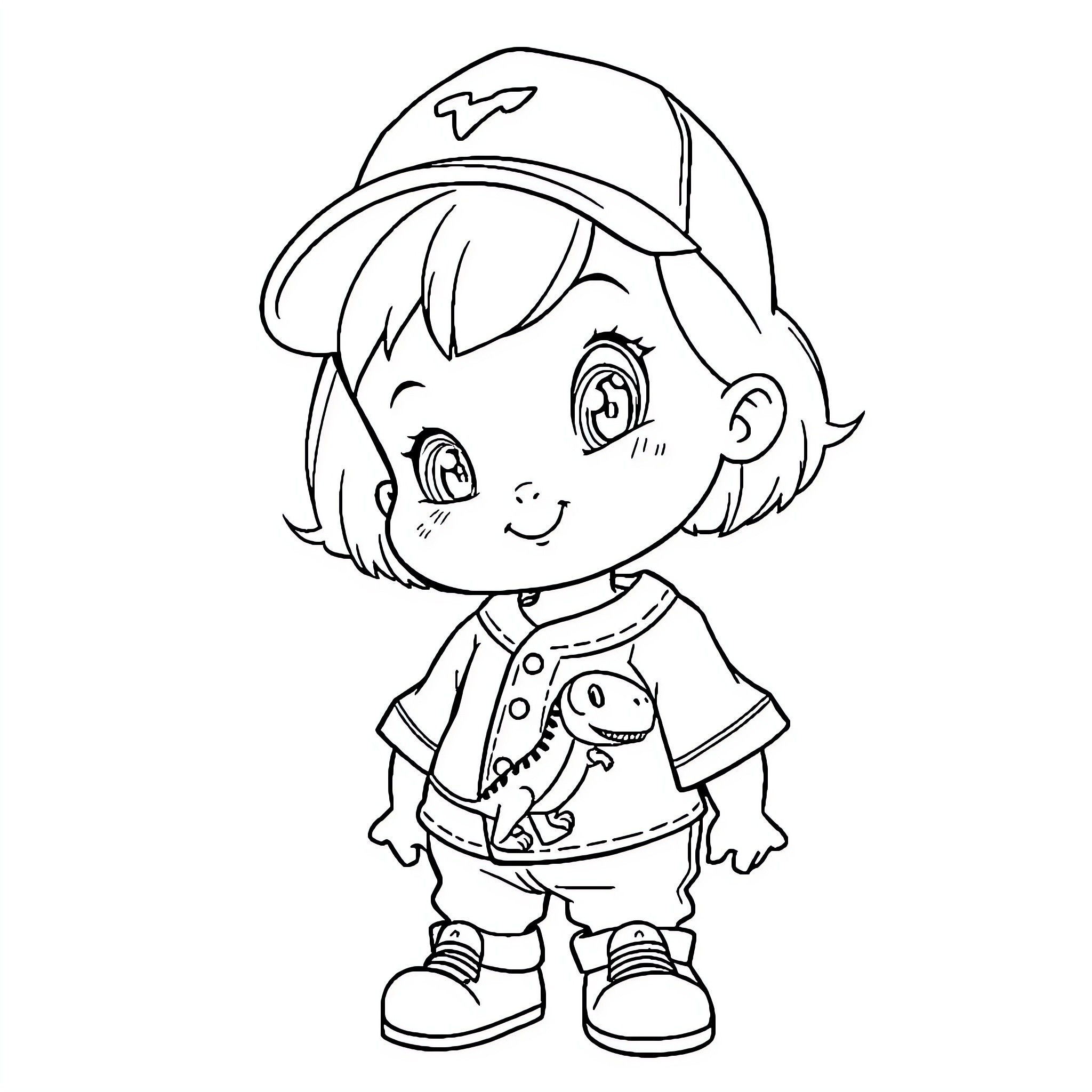 Dino Boy Exploring Adventure Coloring Page (free black-and-white line drawing printable PDF for all, from beginners to advanced learners, including children, teens, adults, and seniors)