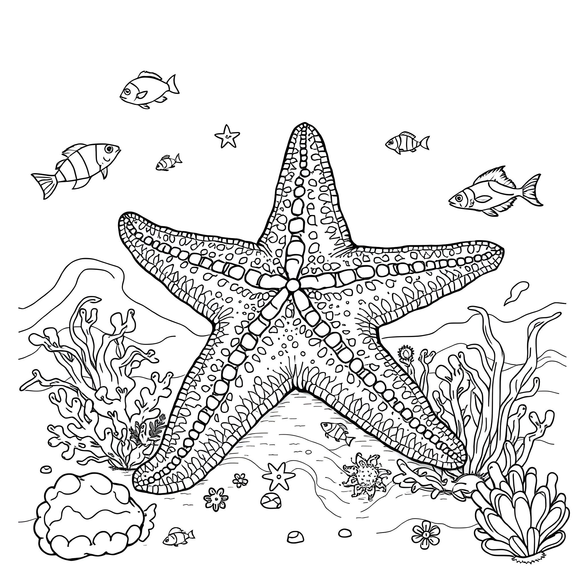 Starfish amidst a colorful underwater scene Coloring Page (free black-and-white line drawing printable PDF for all, from beginners to advanced learners, including children, teens, adults, and seniors)