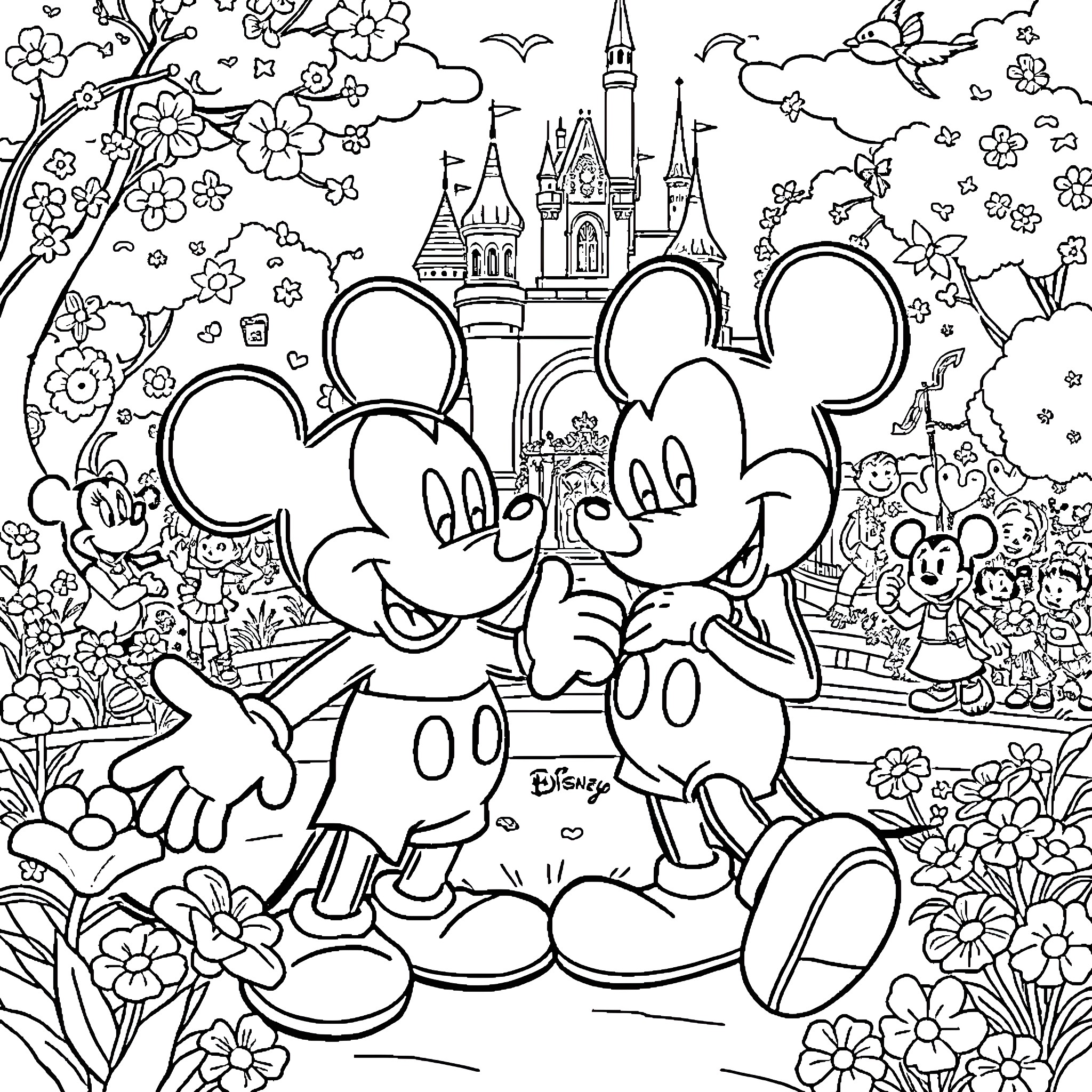 Mickey Mouse and Minnie Mouse in a magical Disney setting Coloring Page (free black-and-white line drawing printable PDF for all, from beginners to advanced learners, including children, teens, adults, and seniors)
