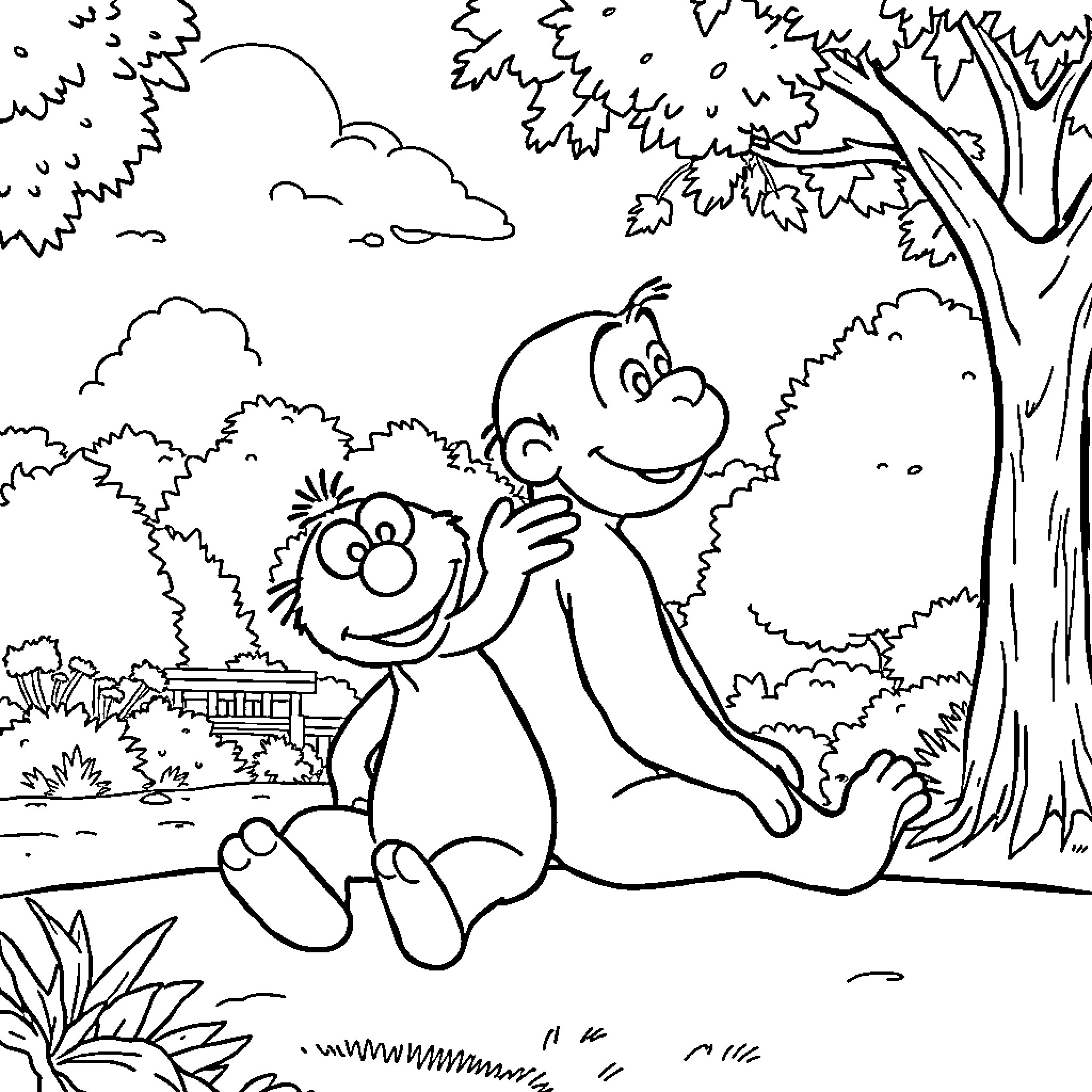 Elmo and friend enjoying nature's wonders Coloring Page (free black-and-white line drawing printable PDF for all, from beginners to advanced learners, including children, teens, adults, and seniors)