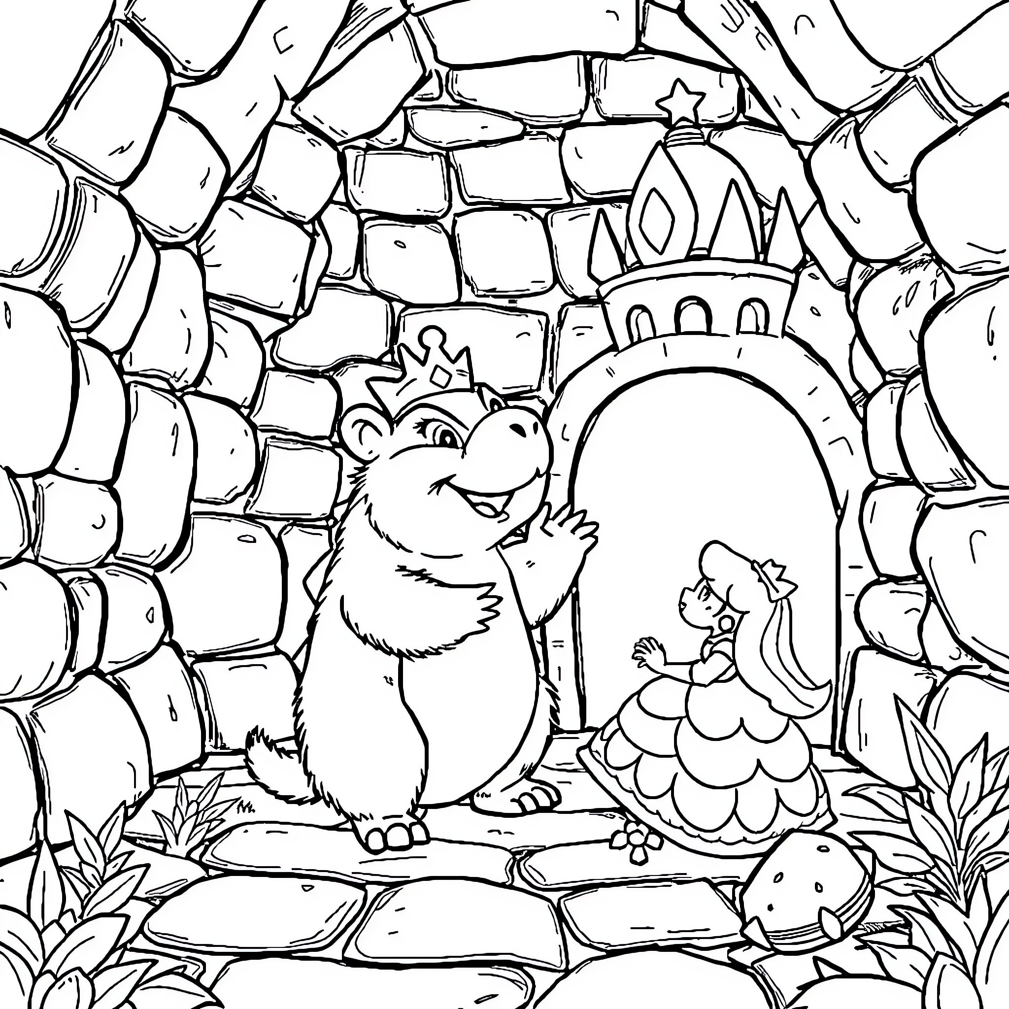 Capybara and friends explore magical castle Coloring Page (free black-and-white line drawing printable PDF for all, from beginners to advanced learners, including children, teens, adults, and seniors)