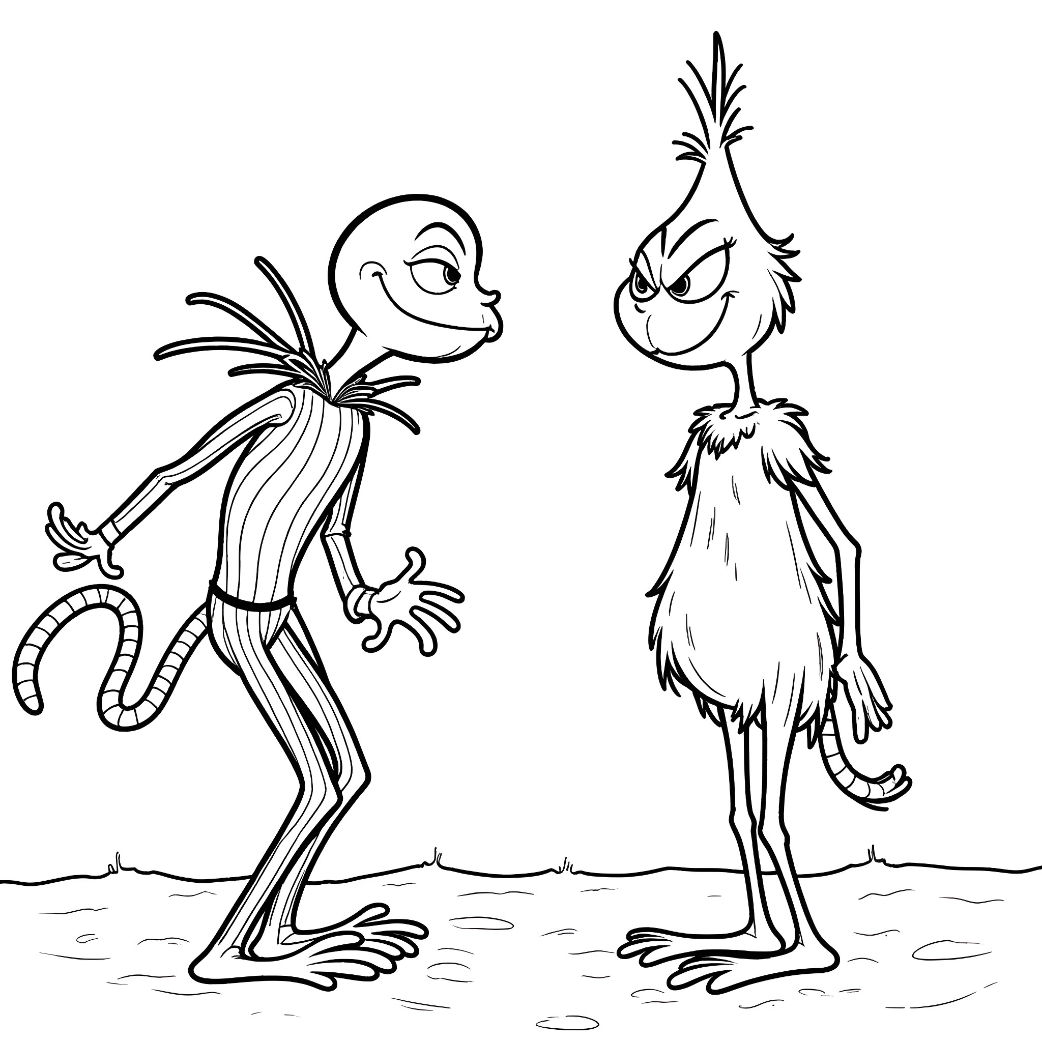 Jack Skellington and his strange companion in a mysterious scene Coloring Page (free black-and-white line drawing printable PDF for all, from beginners to advanced learners, including children, teens, adults, and seniors)