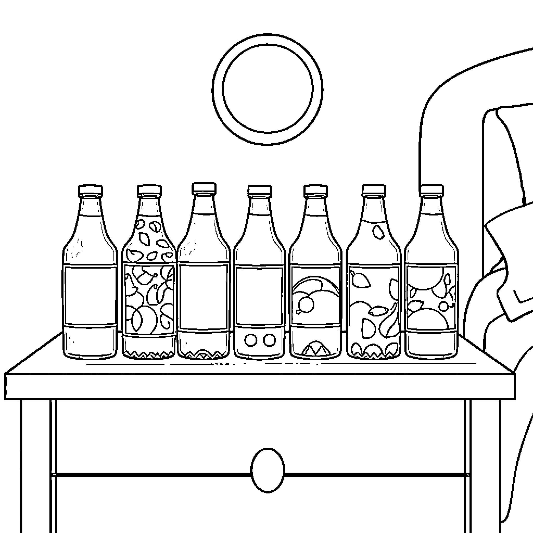 Drink bottles and glasses arranged on a table Coloring Page (free black-and-white line drawing printable PDF for all, from beginners to advanced learners, including children, teens, adults, and seniors)