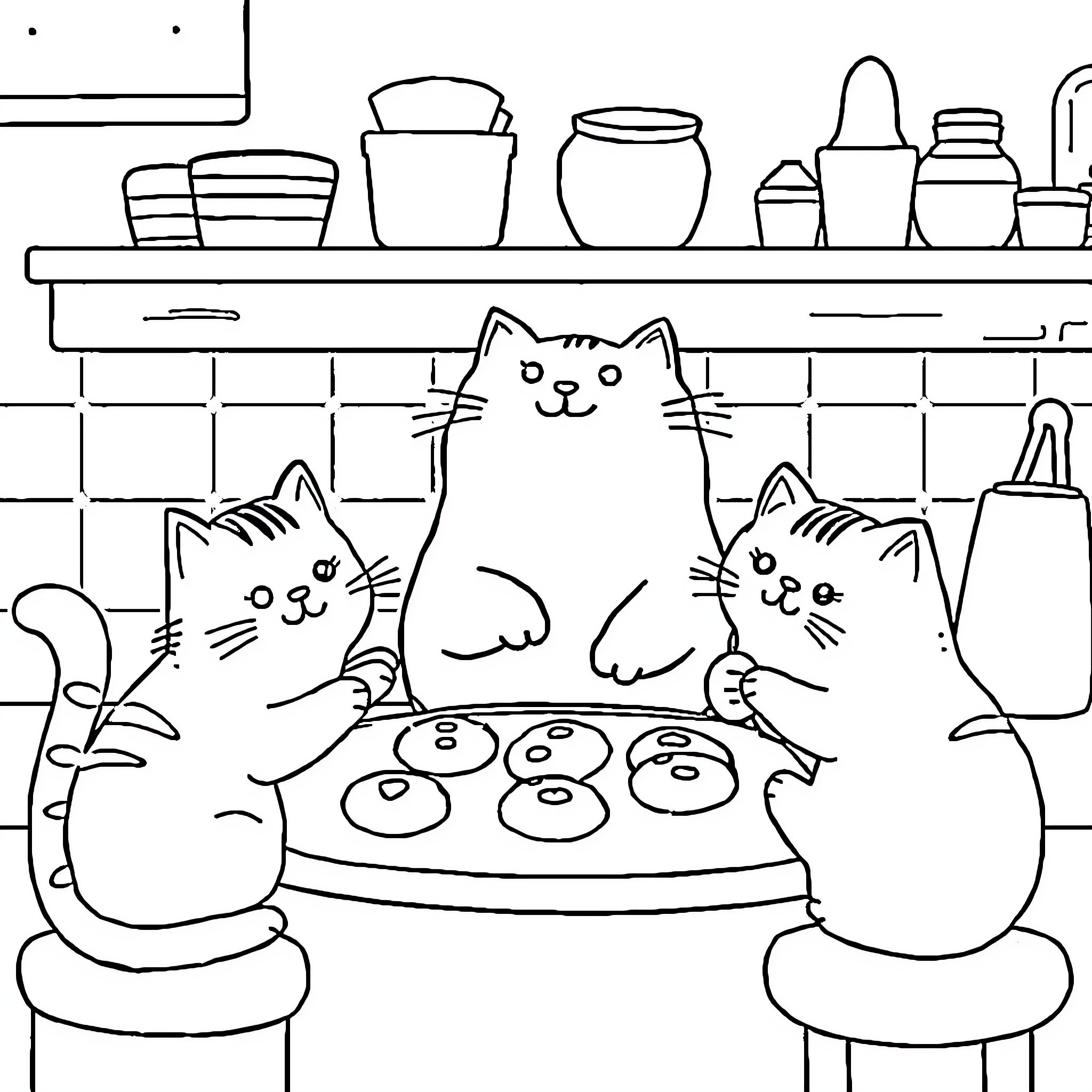 Pusheen cats baking in the kitchen Coloring Page (free black-and-white line drawing printable PDF for all, from beginners to advanced learners, including children, teens, adults, and seniors)