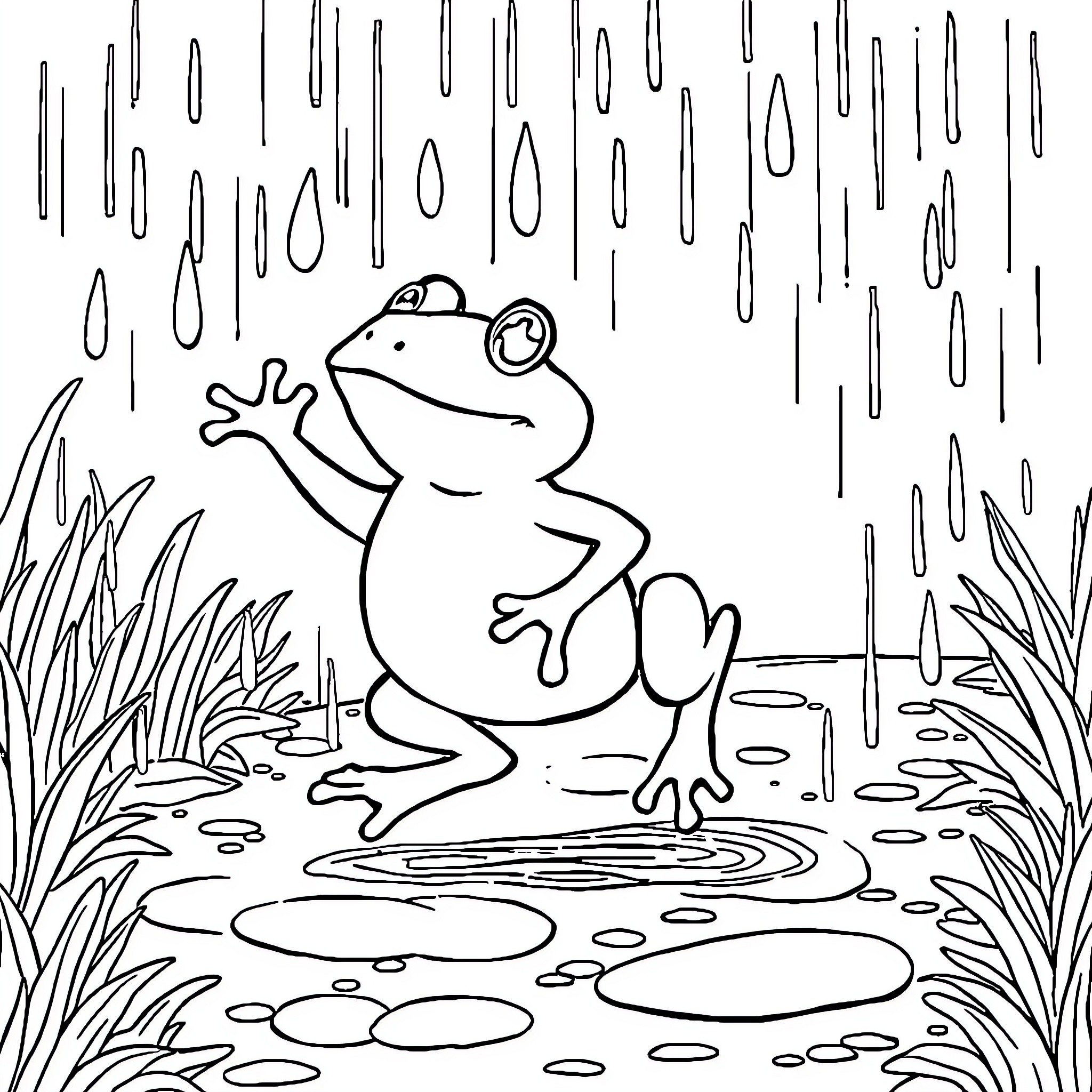 Frog sitting in the rain Coloring Page (free black-and-white line drawing printable PDF for all, from beginners to advanced learners, including children, teens, adults, and seniors)