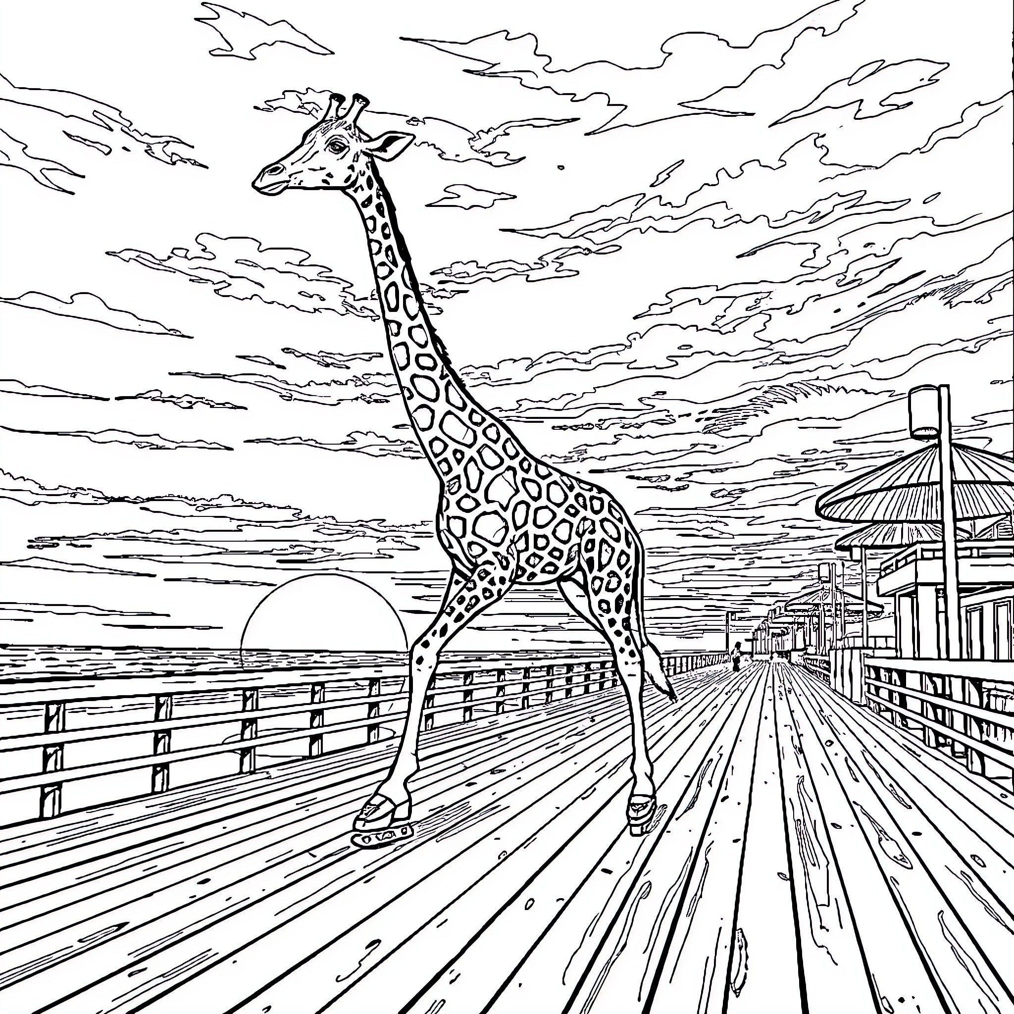 Giraffe strolling across a seaside boardwalk Coloring Page (free black-and-white line drawing printable PDF for all, from beginners to advanced learners, including children, teens, adults, and seniors)