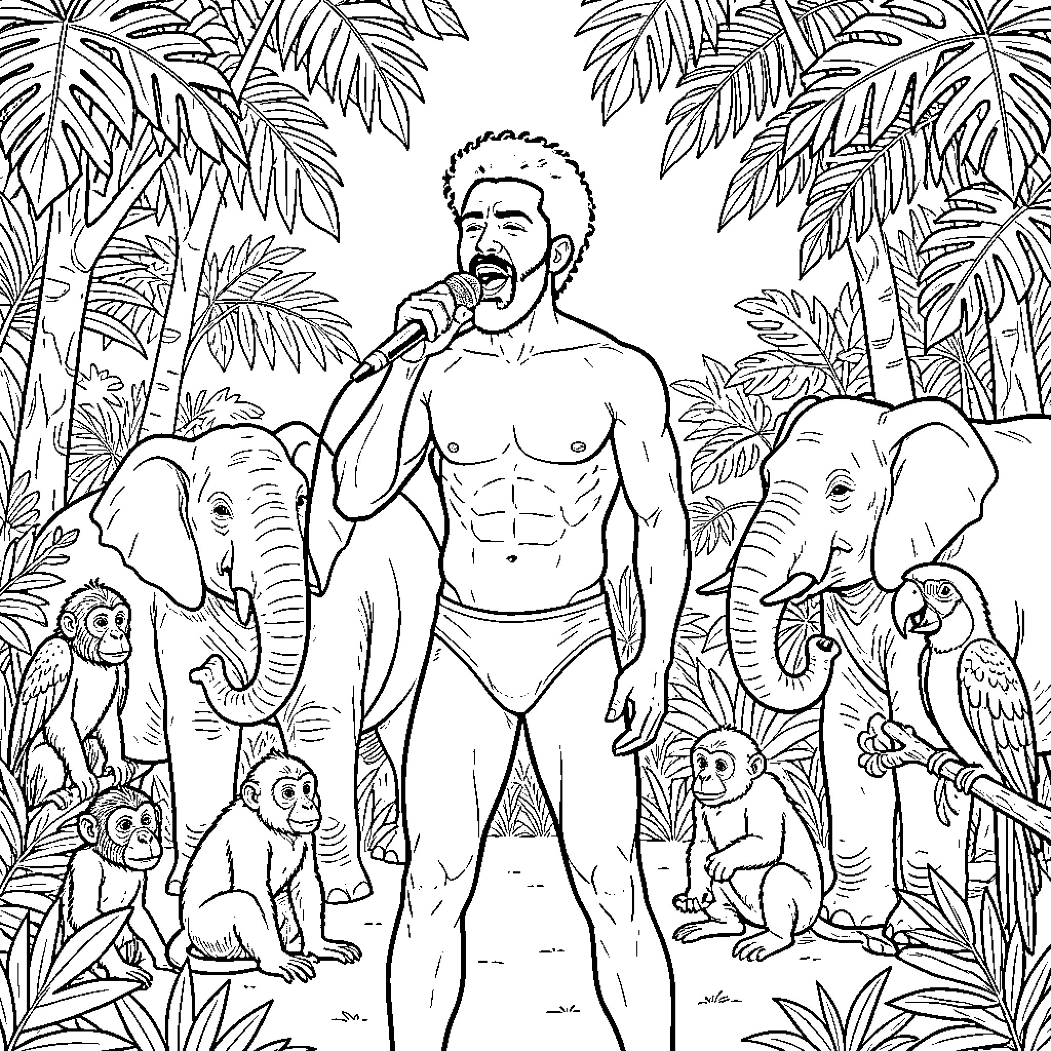 Maître Gims singing passionately amidst wild jungle animals Coloring Page (free black-and-white line drawing printable PDF for all, from beginners to advanced learners, including children, teens, adults, and seniors)