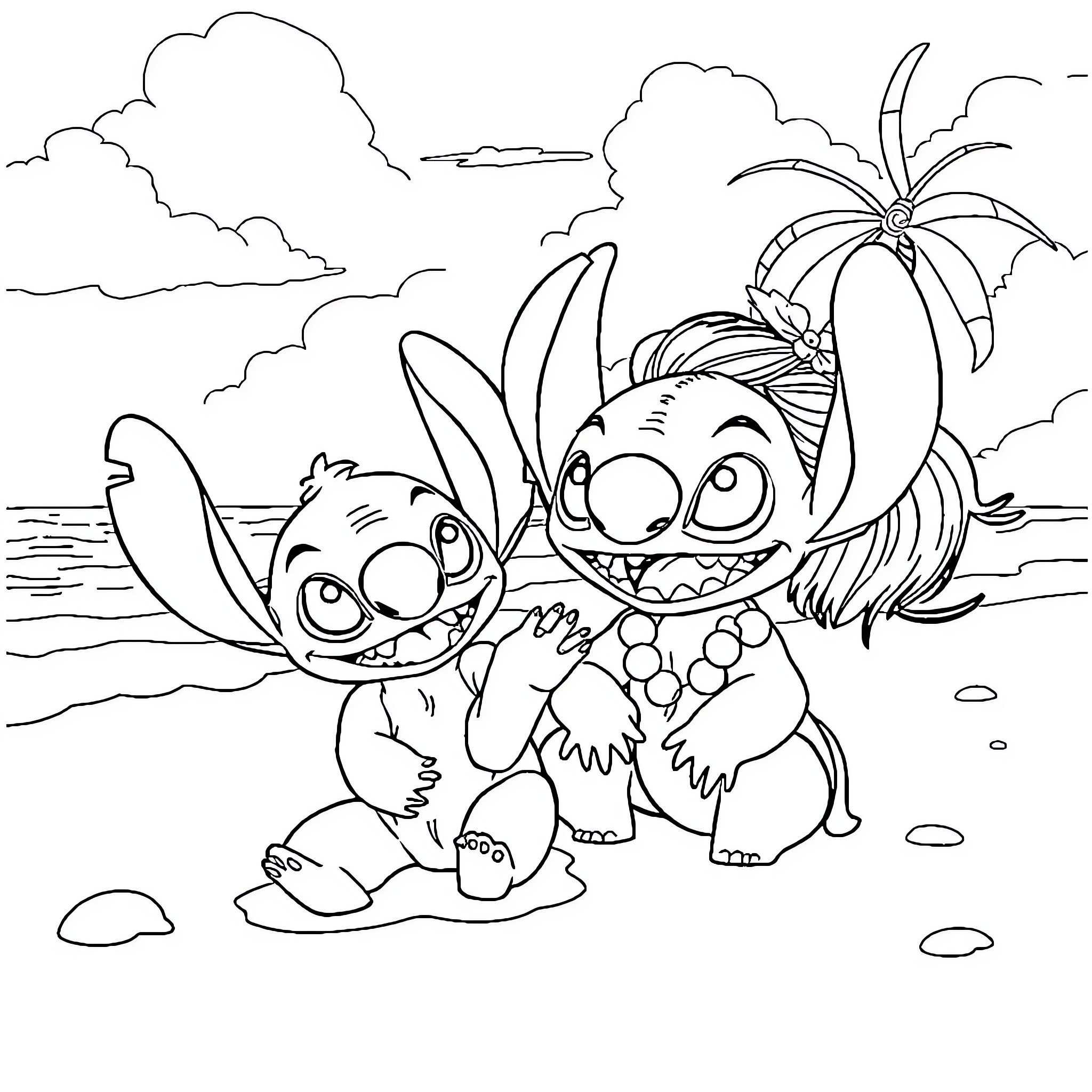 Lilo playing happily with Stitch on the beach Coloring Page (free black-and-white line drawing printable PDF for all, from beginners to advanced learners, including children, teens, adults, and seniors)