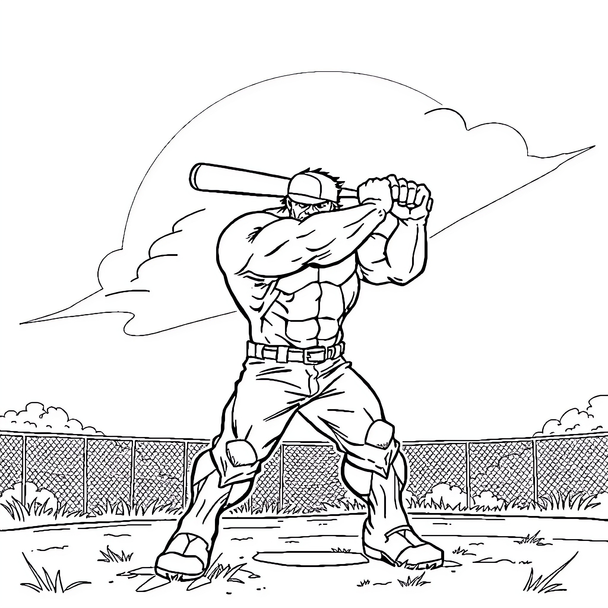 Hulk Baseball Player Swinging Bat Forcefully Coloring Page (free black-and-white line drawing printable PDF for all, from beginners to advanced learners, including children, teens, adults, and seniors)