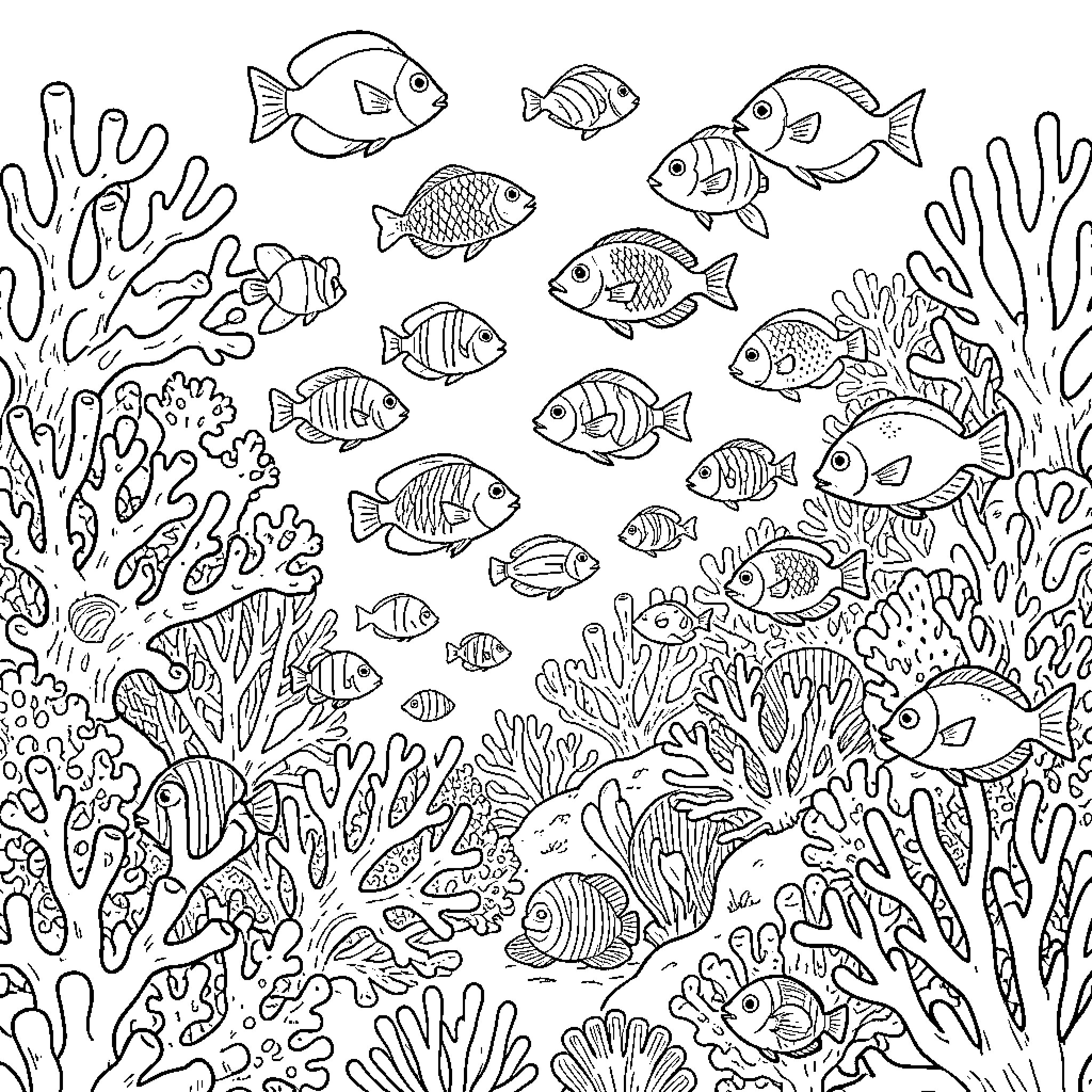 Coral Marine Life Underwater Adventure Coloring Page (free black-and-white line drawing printable PDF for all, from beginners to advanced learners, including children, teens, adults, and seniors)