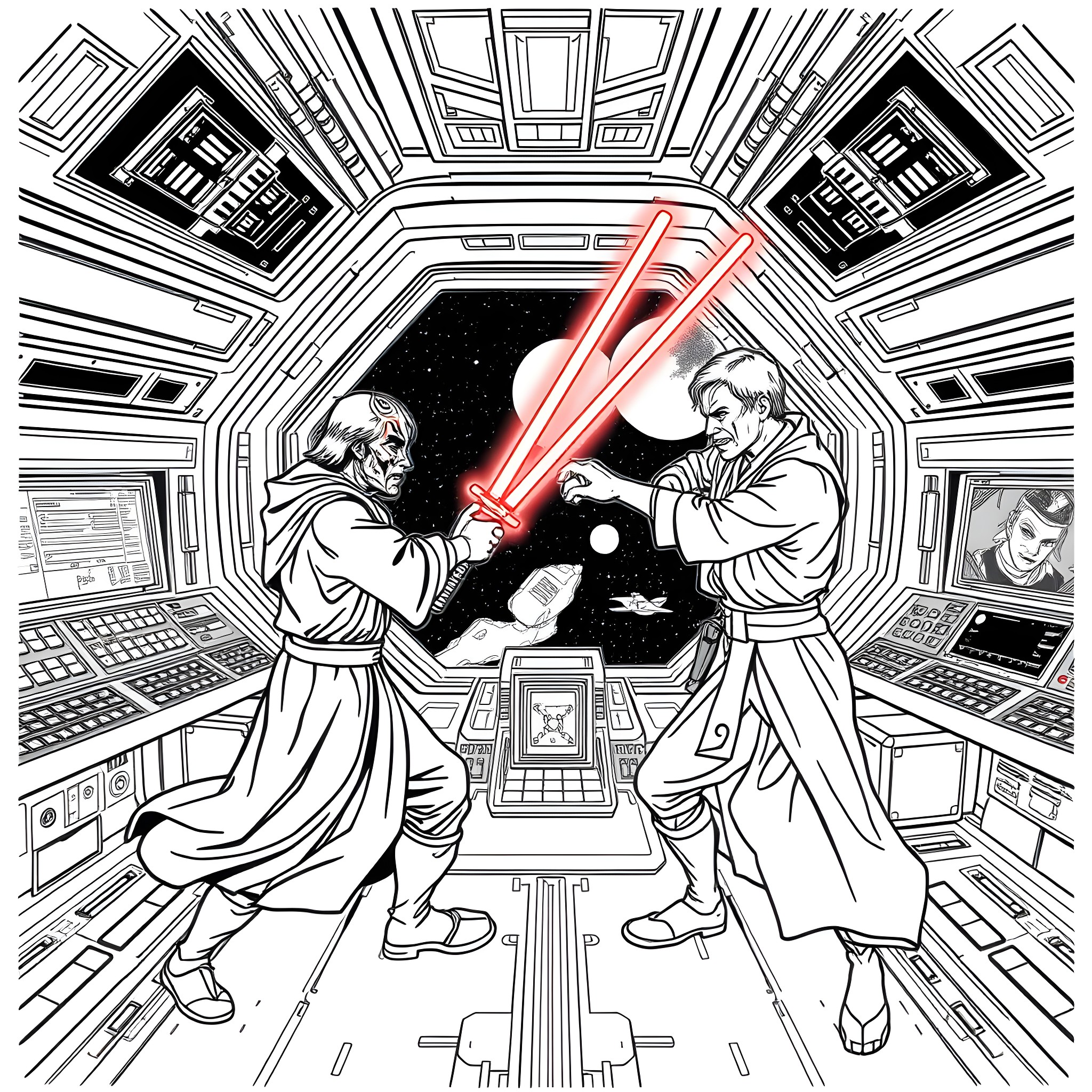 Lightsaber duel in the futuristic control room Coloring Page (free black-and-white line drawing printable PDF for all, from beginners to advanced learners, including children, teens, adults, and seniors)