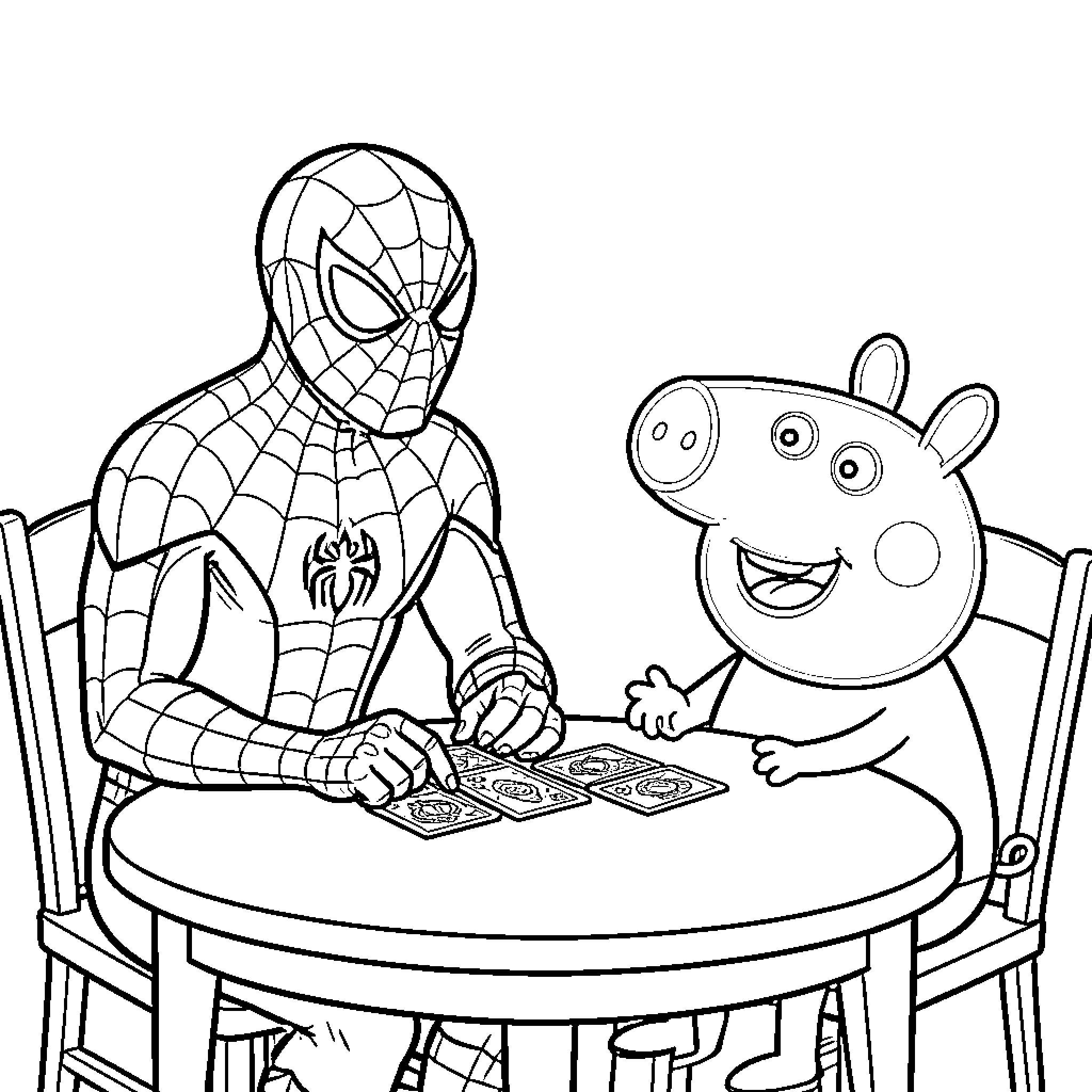 Spiderman and Peppa Pig playing video games together Coloring Page (free black-and-white line drawing printable PDF for all, from beginners to advanced learners, including children, teens, adults, and seniors)