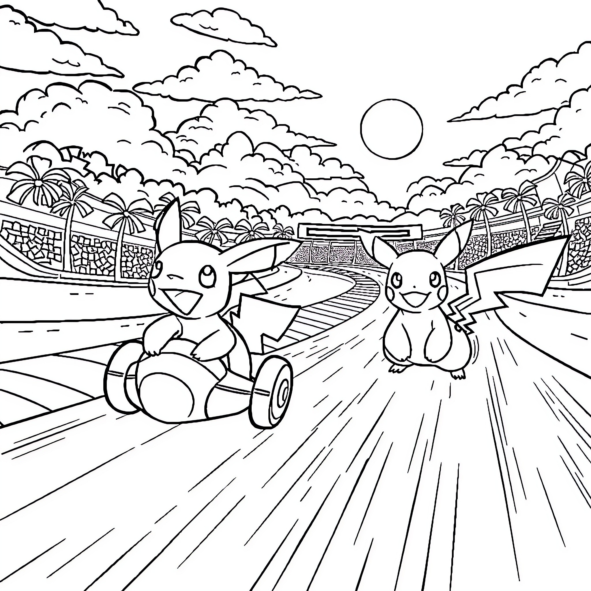 Pokémon characters racing in tropical landscape Coloring Page (free black-and-white line drawing printable PDF for all, from beginners to advanced learners, including children, teens, adults, and seniors)
