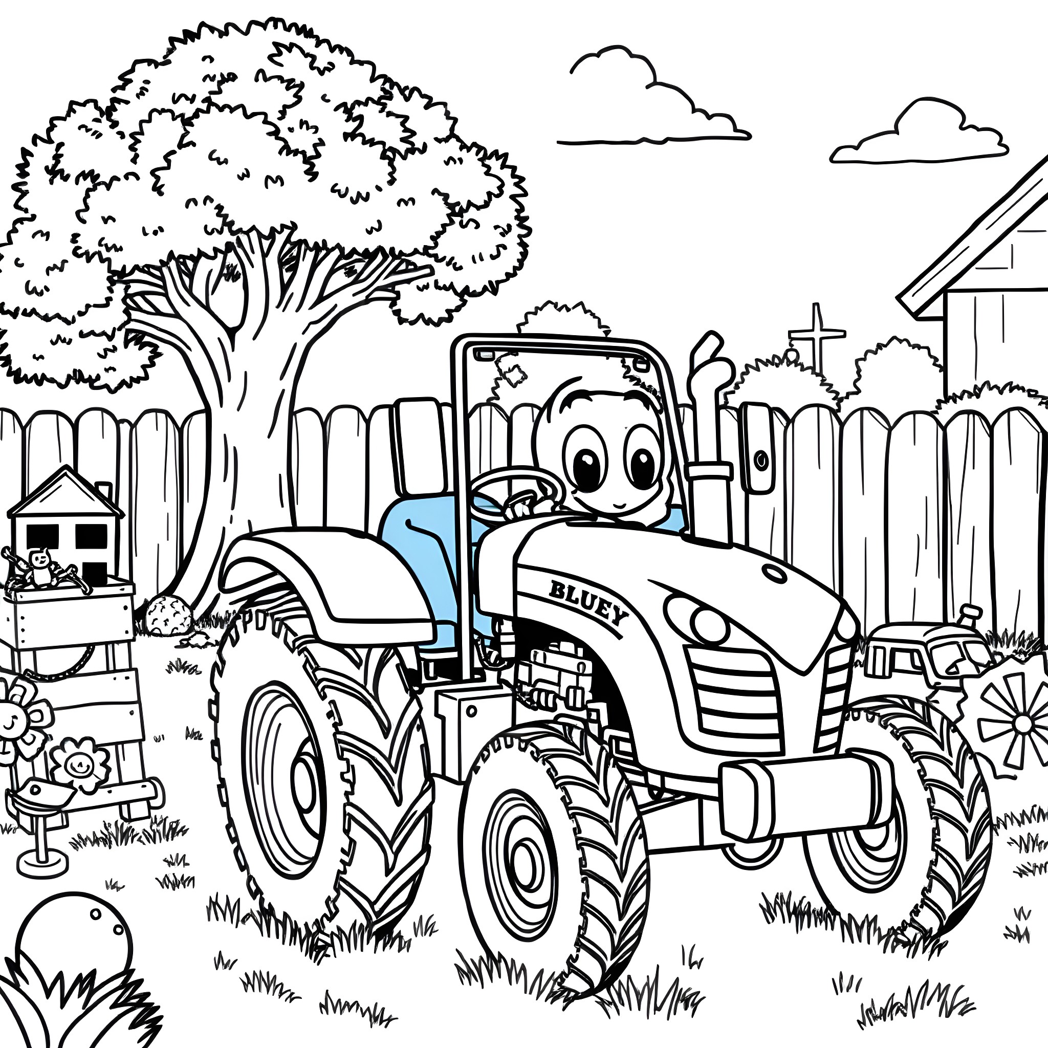 Bluey's Adventure on the Farm Coloring Page (free black-and-white line drawing printable PDF for all, from beginners to advanced learners, including children, teens, adults, and seniors)