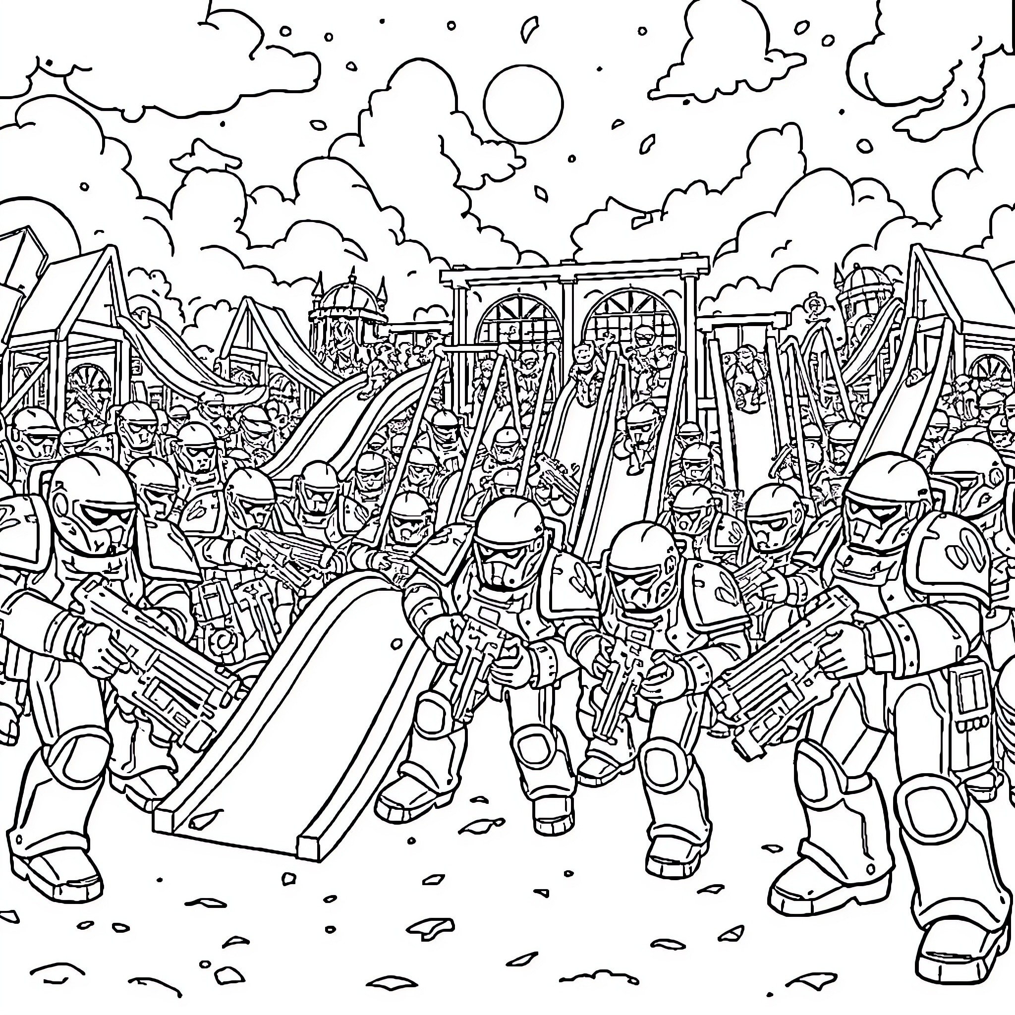 Space Marine army marching in battle formation Coloring Page (free black-and-white line drawing printable PDF for all, from beginners to advanced learners, including children, teens, adults, and seniors)