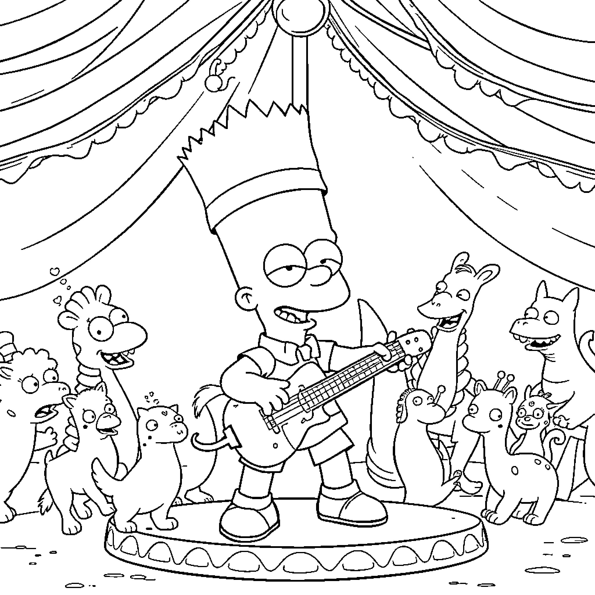 Bart Simpson performs at a circus with cartoon animals Coloring Page (free black-and-white line drawing printable PDF for all, from beginners to advanced learners, including children, teens, adults, and seniors)