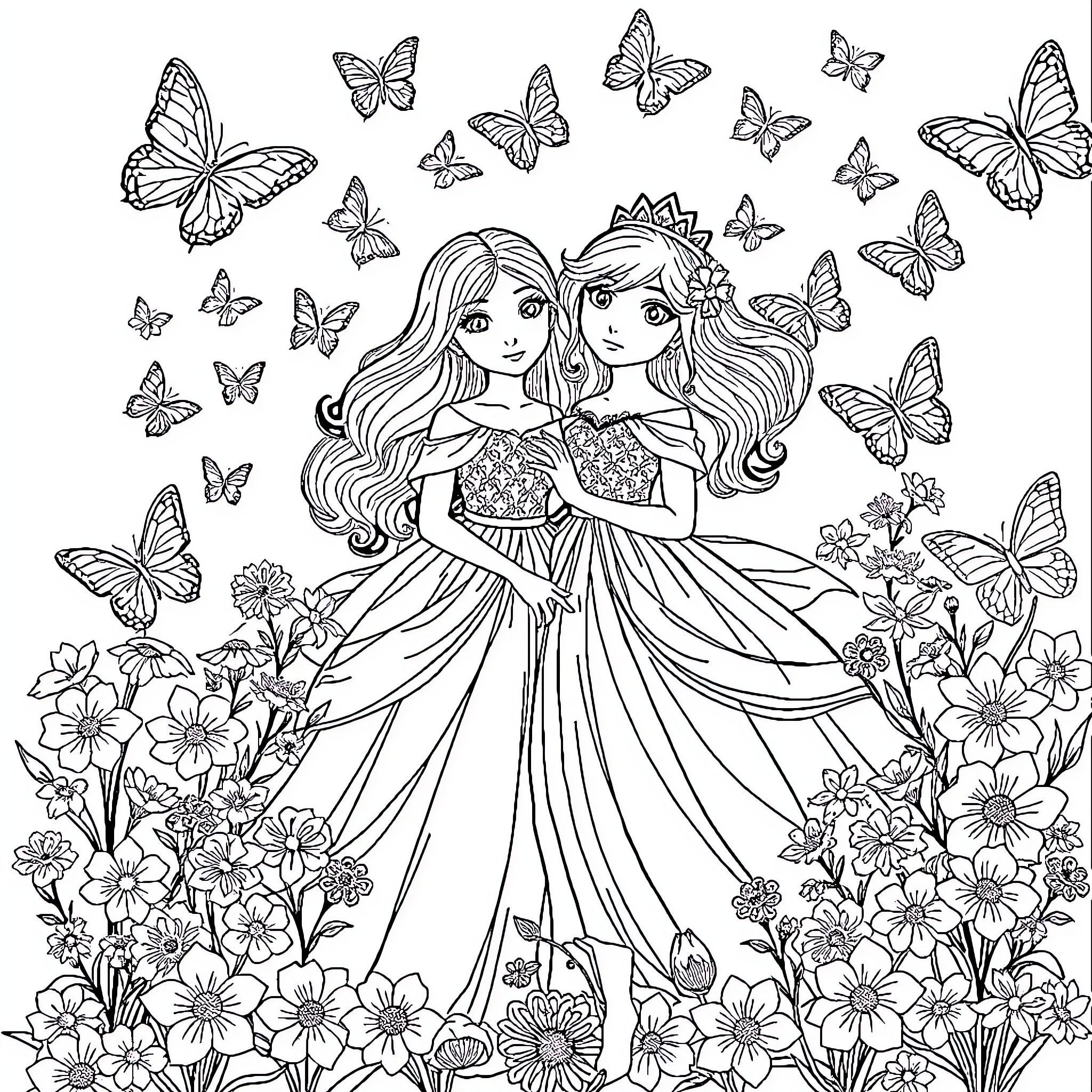 Girls in Floral Garden with Butterflies Coloring Page (free black-and-white line drawing printable PDF for all, from beginners to advanced learners, including children, teens, adults, and seniors)