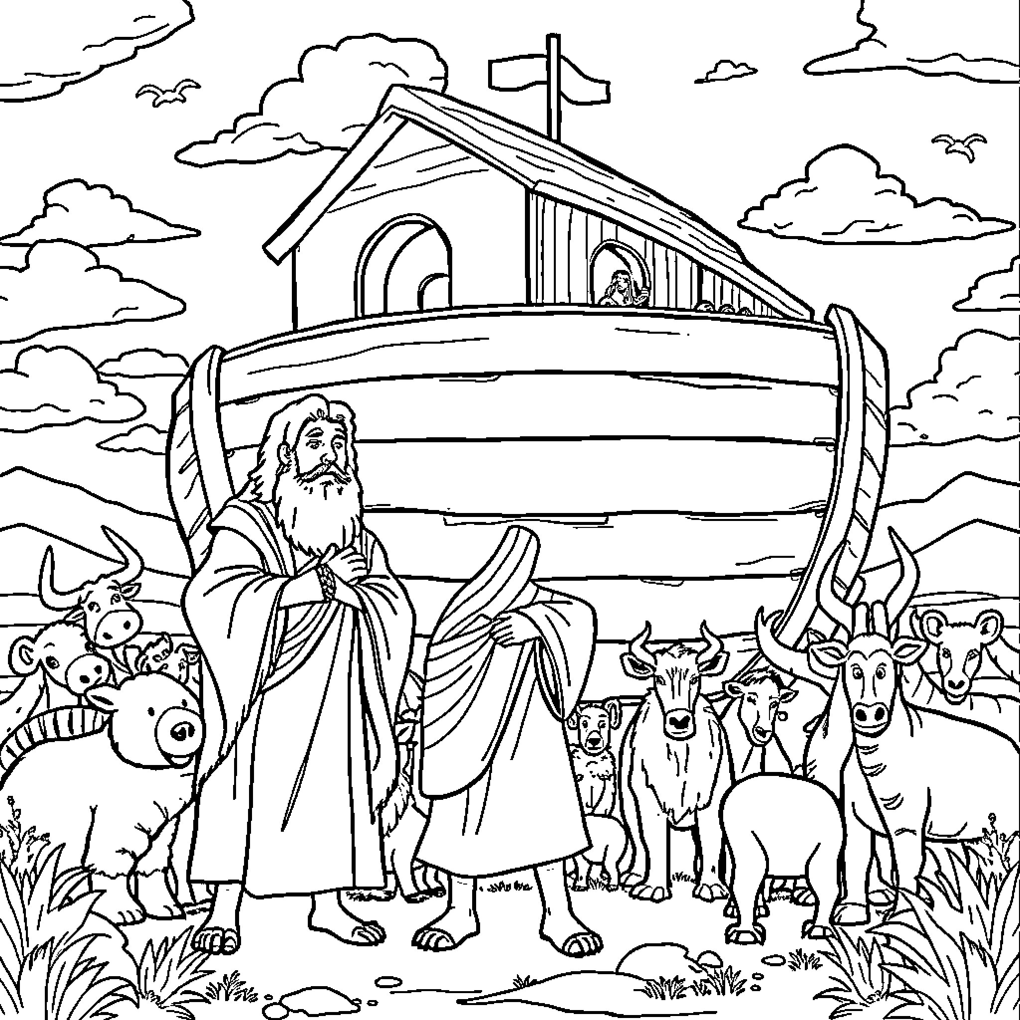 Noah Leads Animals into the Ark Coloring Page (free black-and-white line drawing printable PDF for all, from beginners to advanced learners, including children, teens, adults, and seniors)