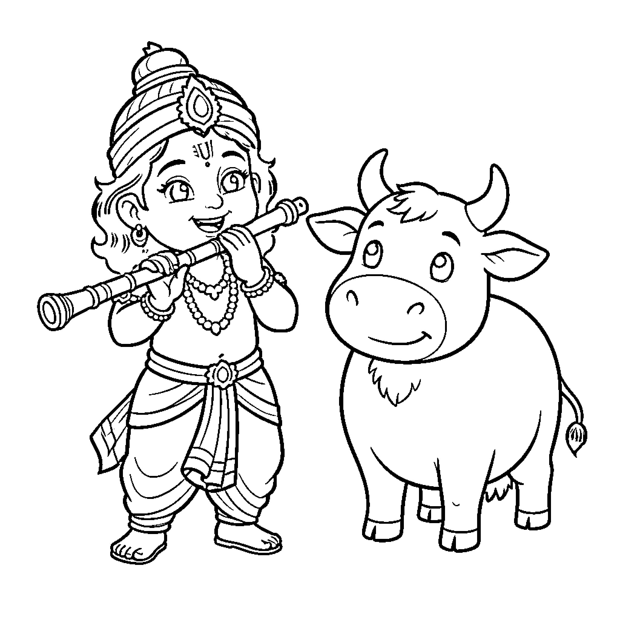 Krishna playing the flute with a cow Coloring Page (free black-and-white line drawing printable PDF for all, from beginners to advanced learners, including children, teens, adults, and seniors)