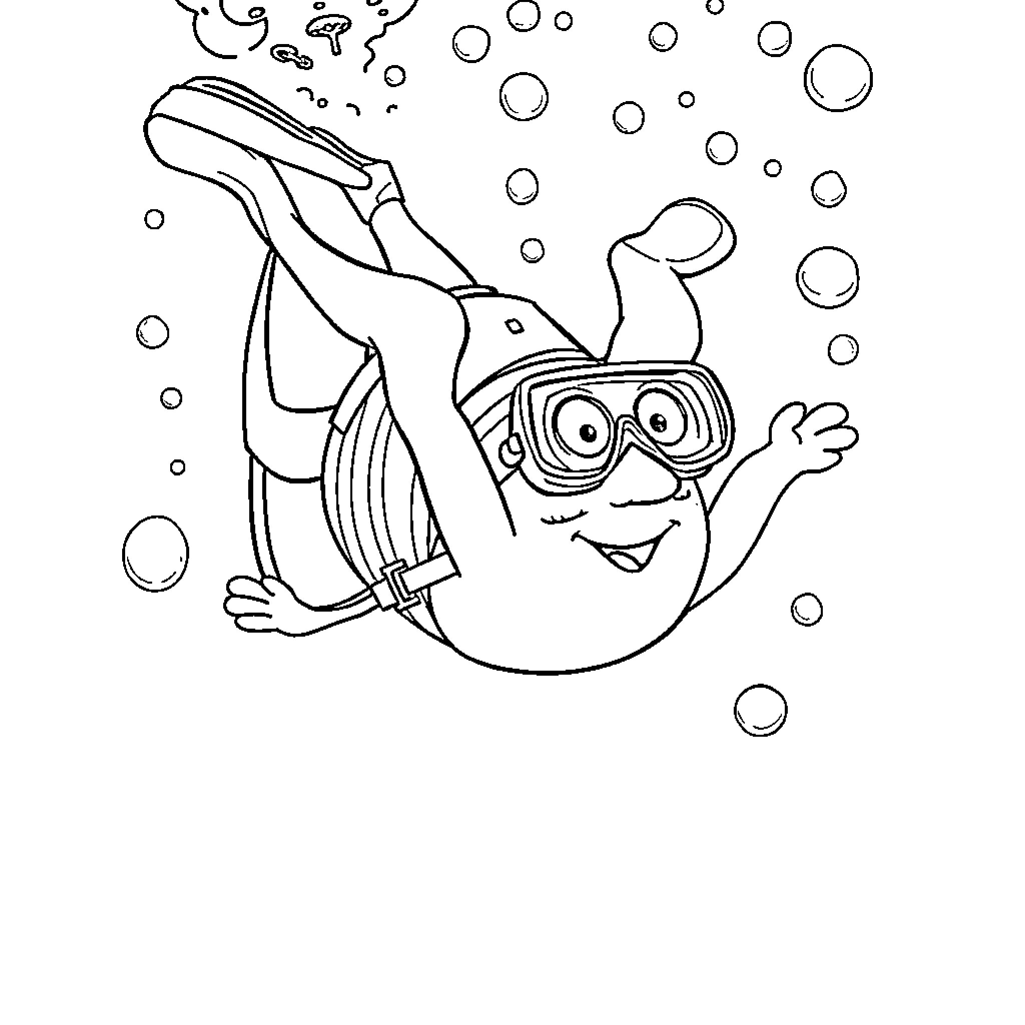 Bert the Diver Exploring Underwater Coloring Page (free black-and-white line drawing printable PDF for all, from beginners to advanced learners, including children, teens, adults, and seniors)