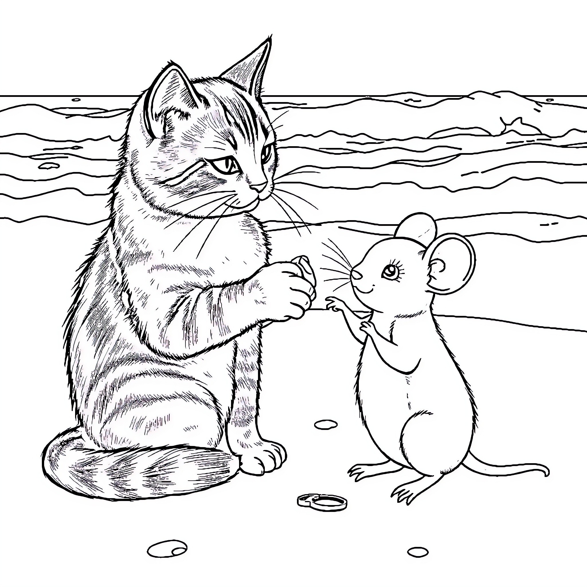 Cat and Mouse Playing by the Sea Coloring Page (free black-and-white line drawing printable PDF for all, from beginners to advanced learners, including children, teens, adults, and seniors)
