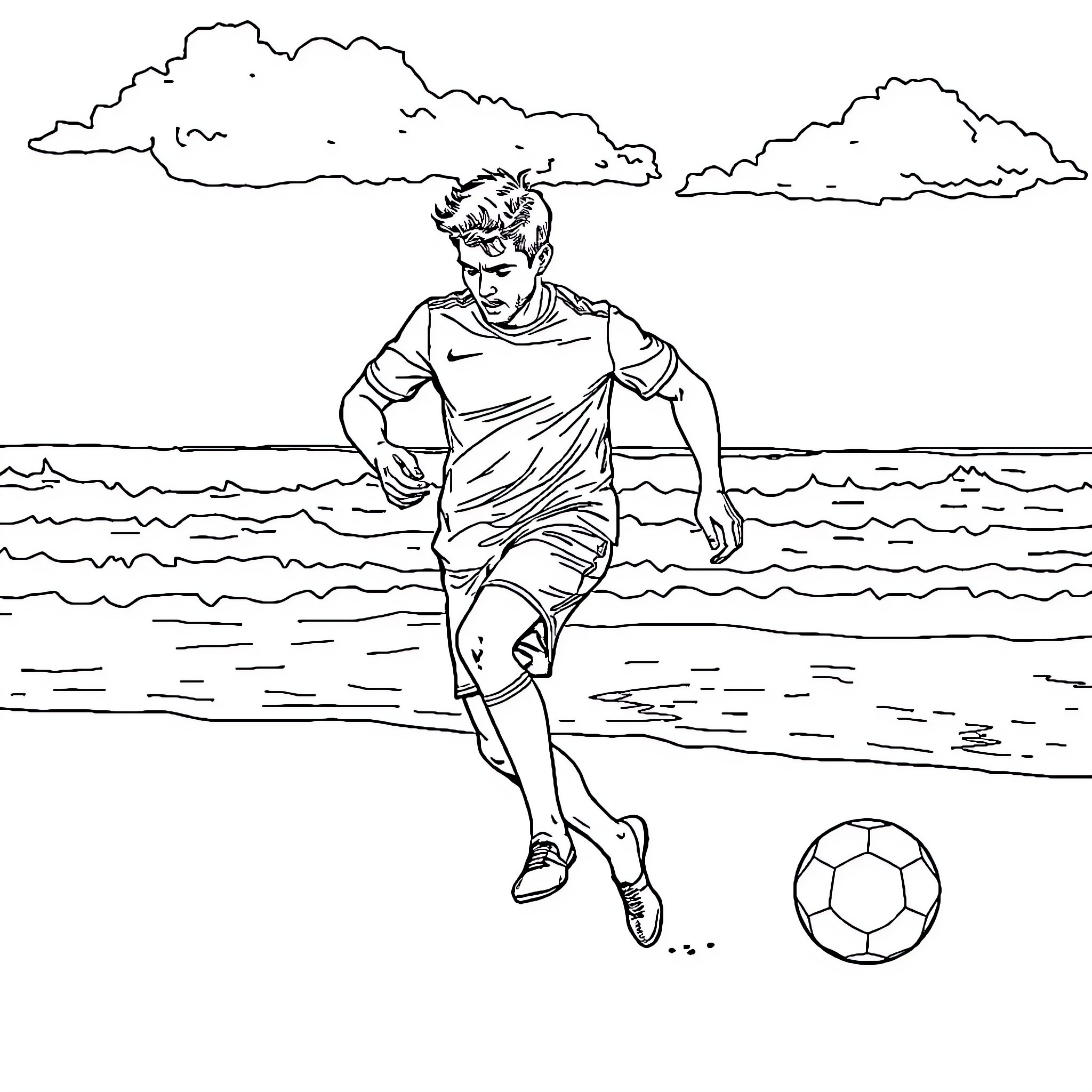 Man playing soccer on the beach Coloring Page (free black-and-white line drawing printable PDF for all, from beginners to advanced learners, including children, teens, adults, and seniors)
