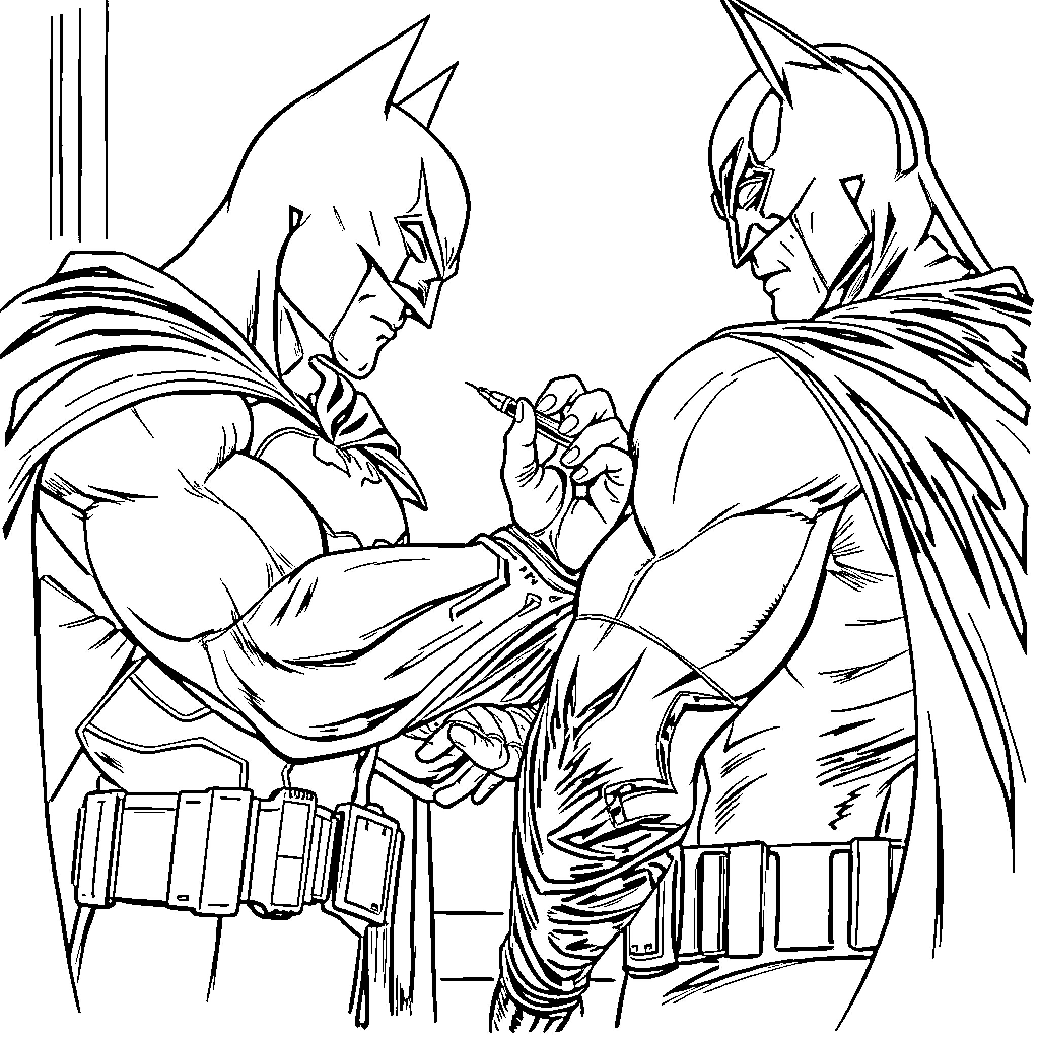 Batman and Nemesis Engaged in Intense Combat Coloring Page (free black-and-white line drawing printable PDF for all, from beginners to advanced learners, including children, teens, adults, and seniors)