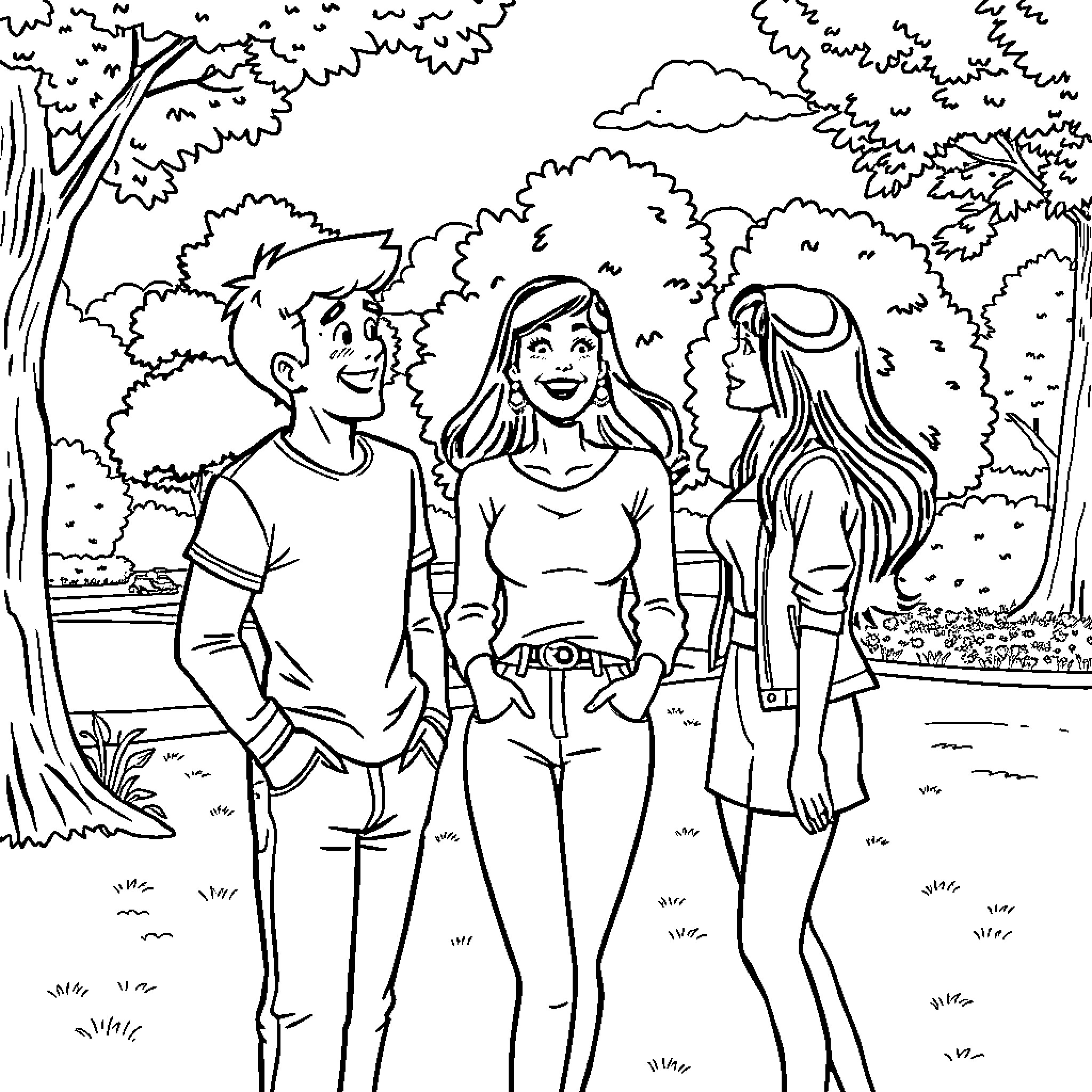 Archie and friends enjoy an outdoor adventure Coloring Page (free black-and-white line drawing printable PDF for all, from beginners to advanced learners, including children, teens, adults, and seniors)