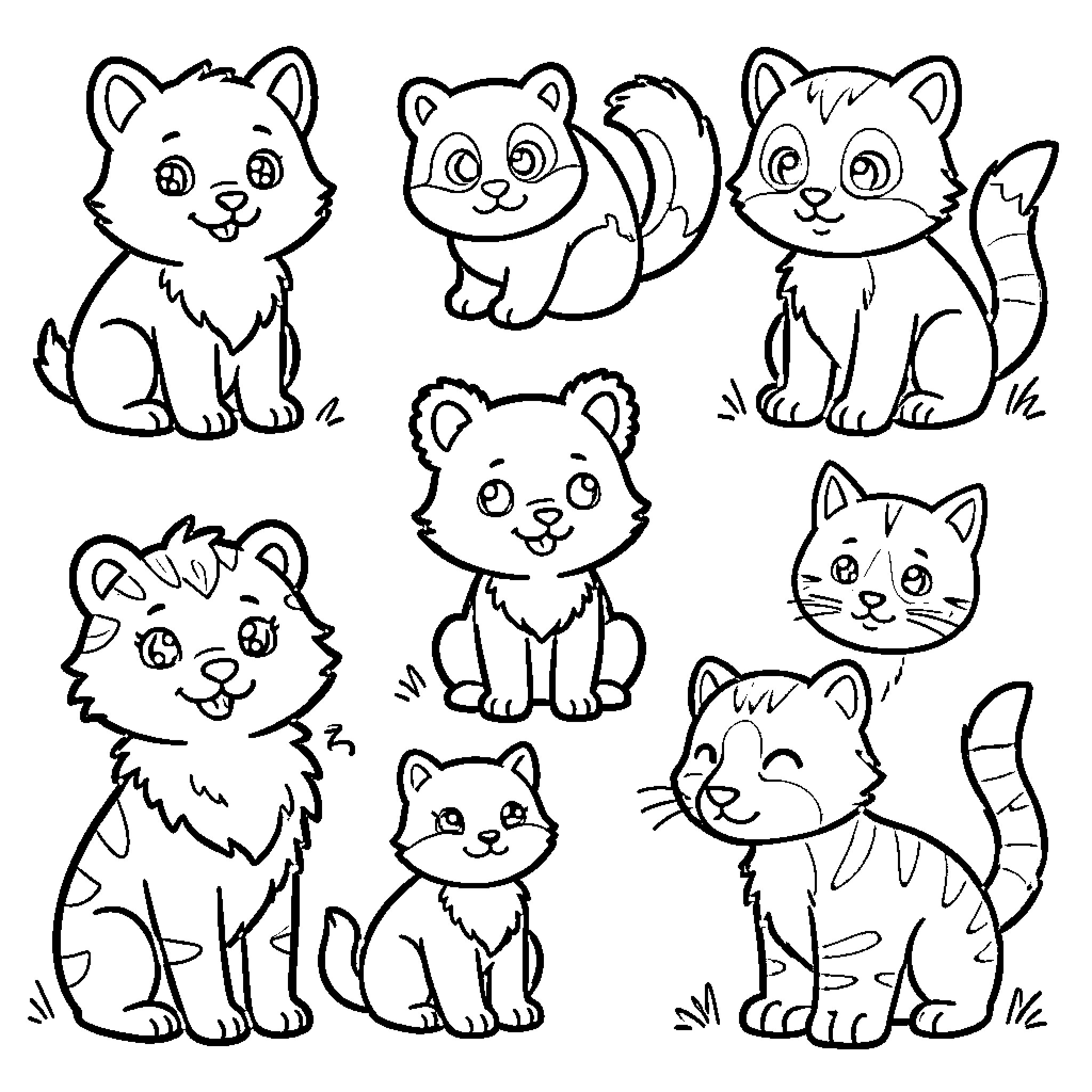 Animal Drawings of Cute Cats and Kittens Coloring Page (free black-and-white line drawing printable PDF for all, from beginners to advanced learners, including children, teens, adults, and seniors)