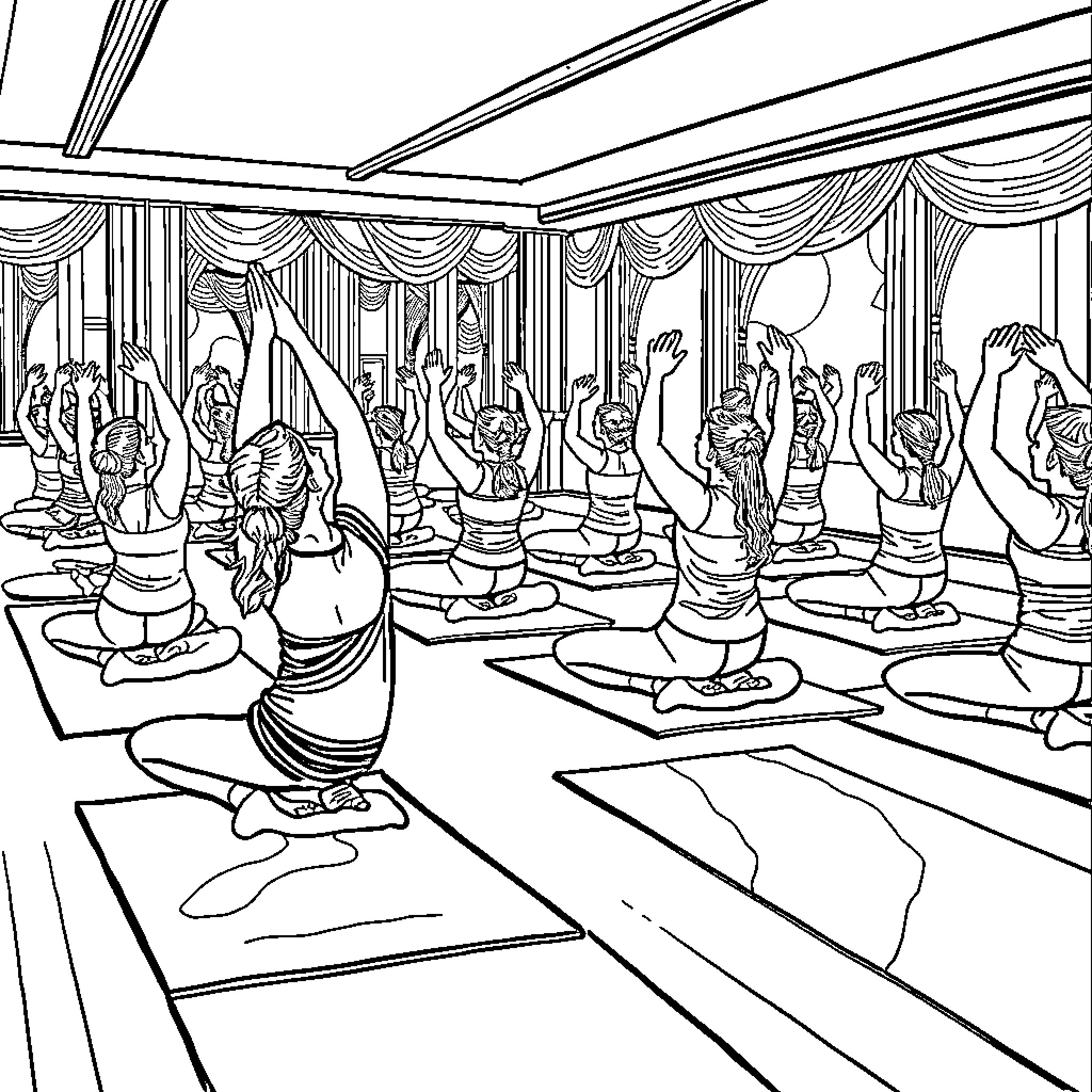 Yoga Class in an Ornate Studio Coloring Page (free black-and-white line drawing printable PDF for all, from beginners to advanced learners, including children, teens, adults, and seniors)