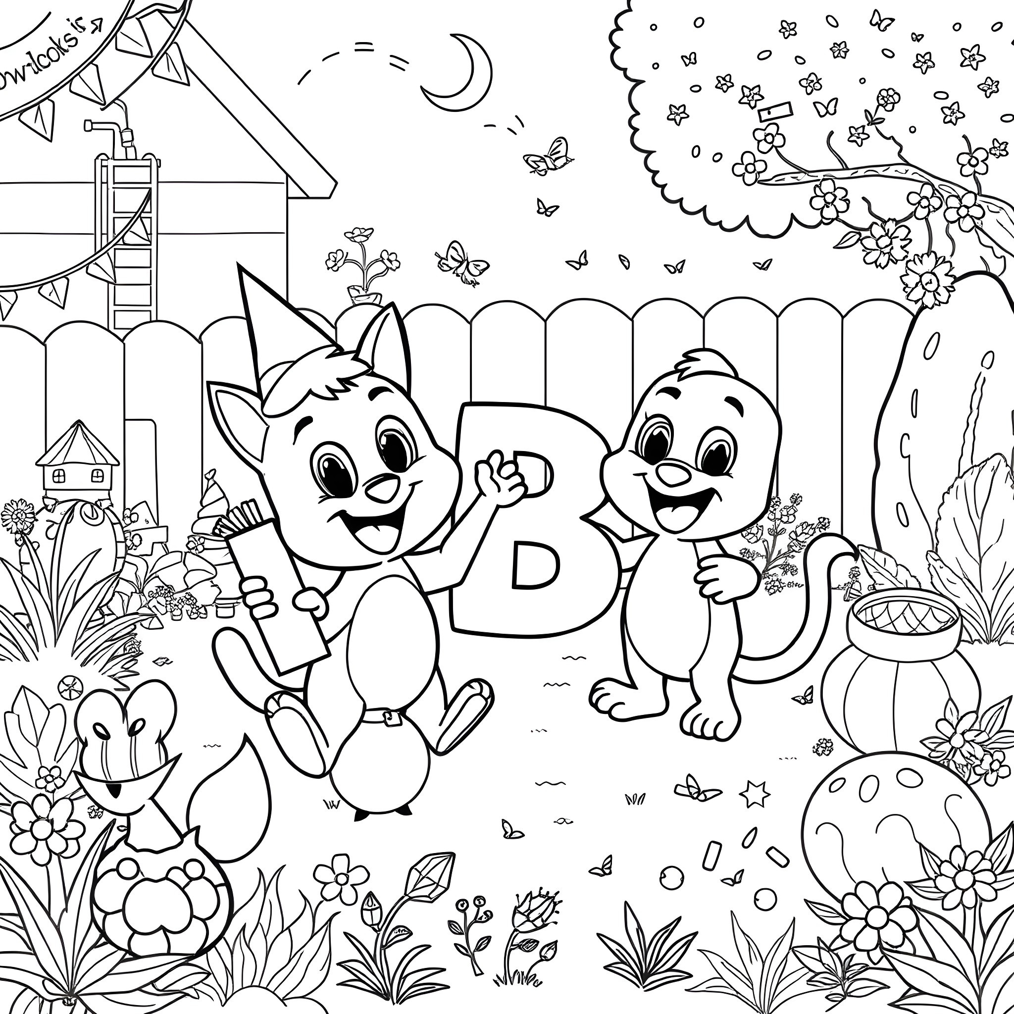 Bluey and friends playing joyfully in a whimsical backyard Coloring Page (free black-and-white line drawing printable PDF for all, from beginners to advanced learners, including children, teens, adults, and seniors)