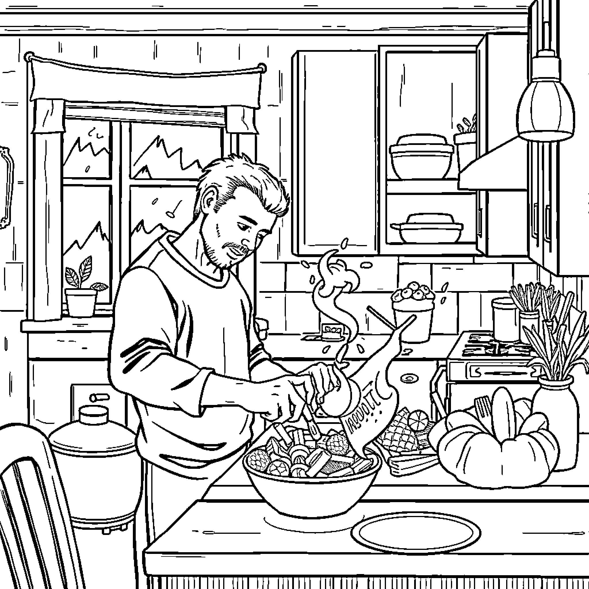 Dad Cooking a Hearty Meal in the Kitchen Coloring Page (free black-and-white line drawing printable PDF for all, from beginners to advanced learners, including children, teens, adults, and seniors)