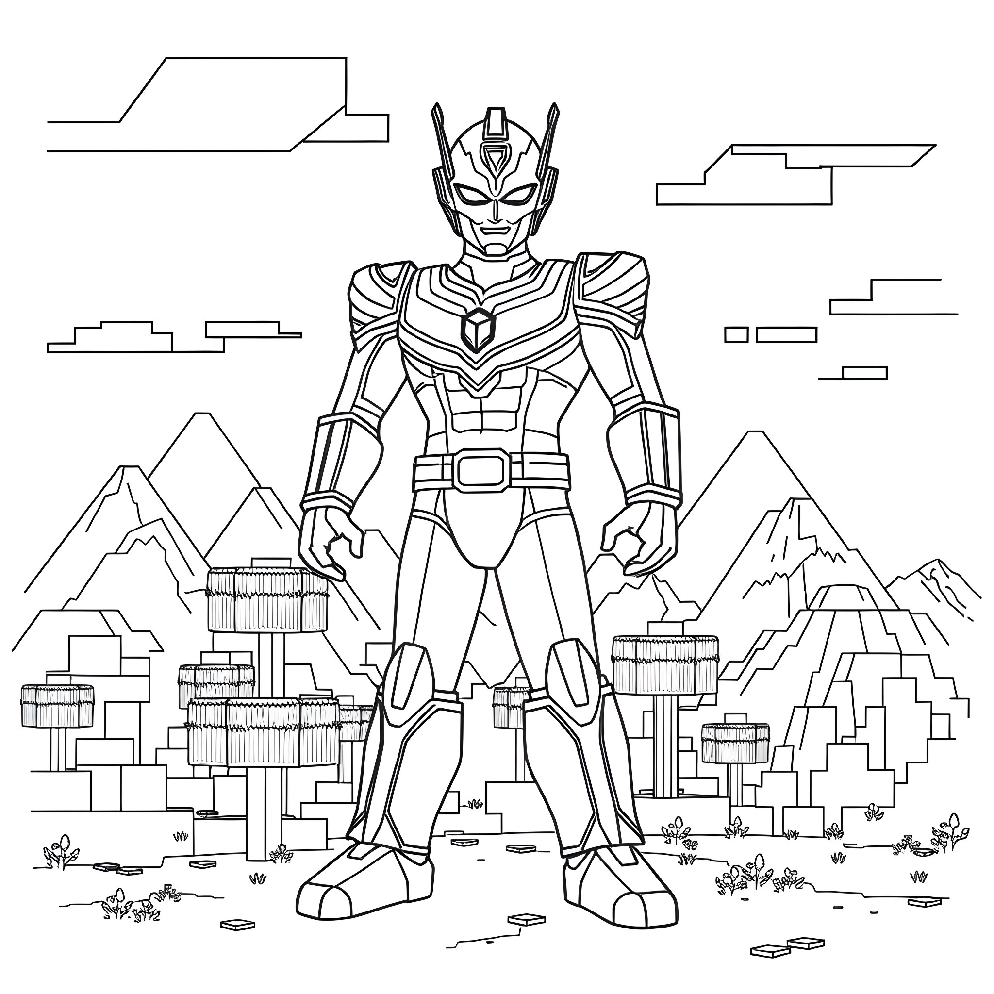 Ultraman standing tall in a futuristic landscape Coloring Page (free black-and-white line drawing printable PDF for all, from beginners to advanced learners, including children, teens, adults, and seniors)